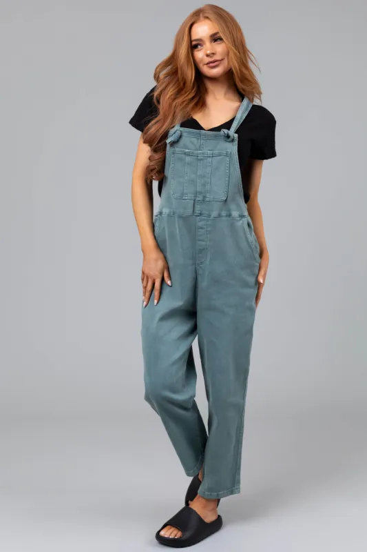 Washed Juniper Knot Strap Denim Overalls sold by Lime Lush
