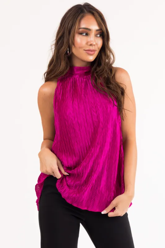 Fuchsia Textured Satin Halter Tank Top sold by Lime Lush