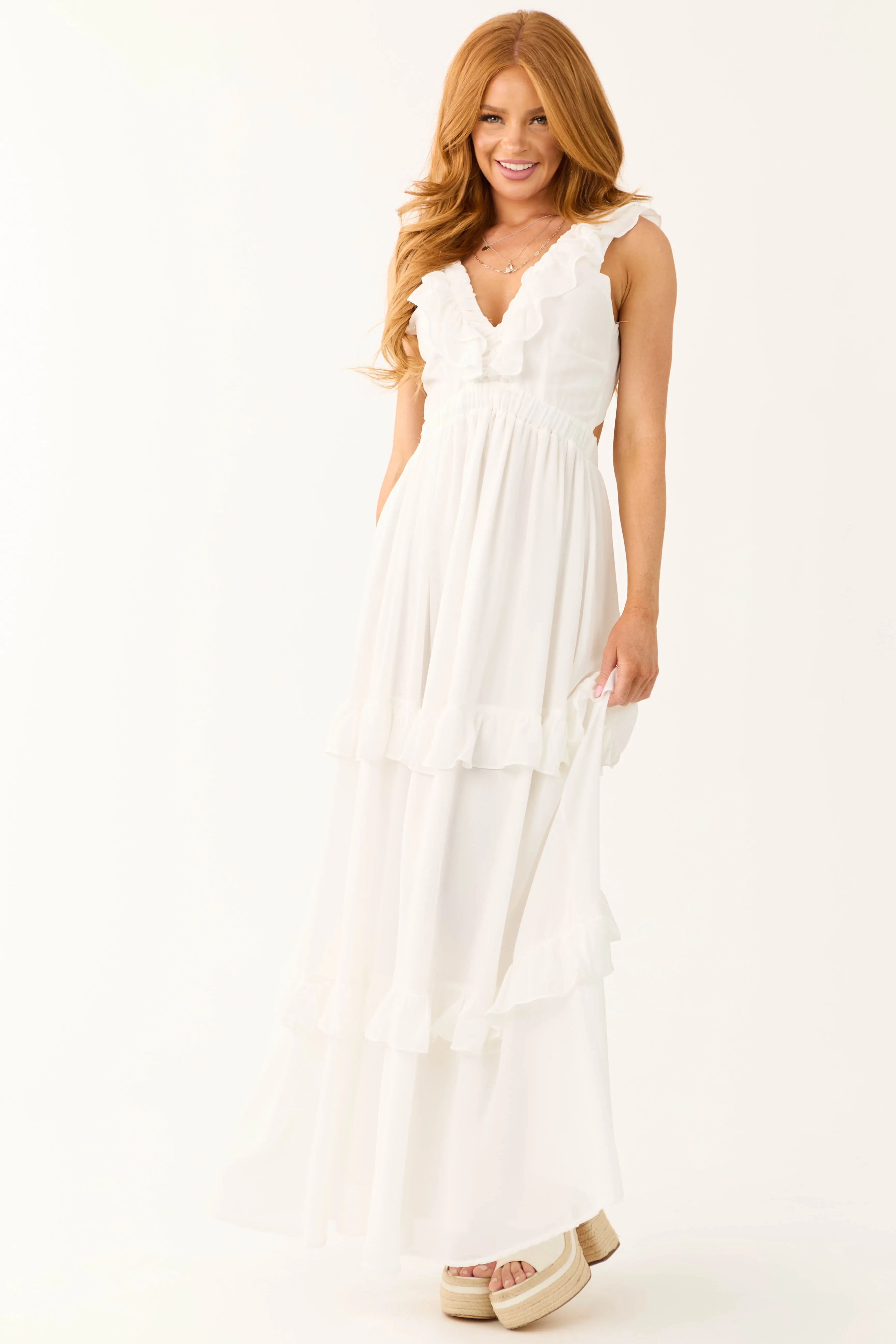 Ivory Ruffle Tiered Sleeveless Maxi Dress sold by Lime Lush product image thumbnail 4