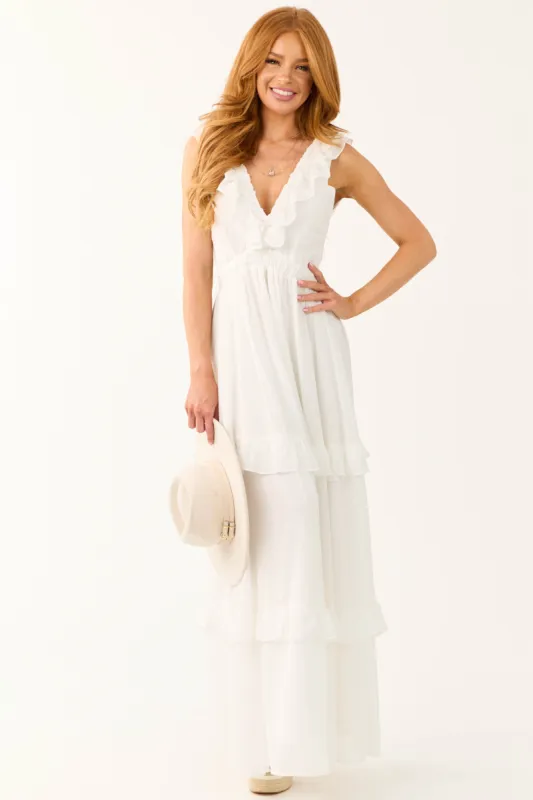Ivory Ruffle Tiered Sleeveless Maxi Dress sold by Lime Lush