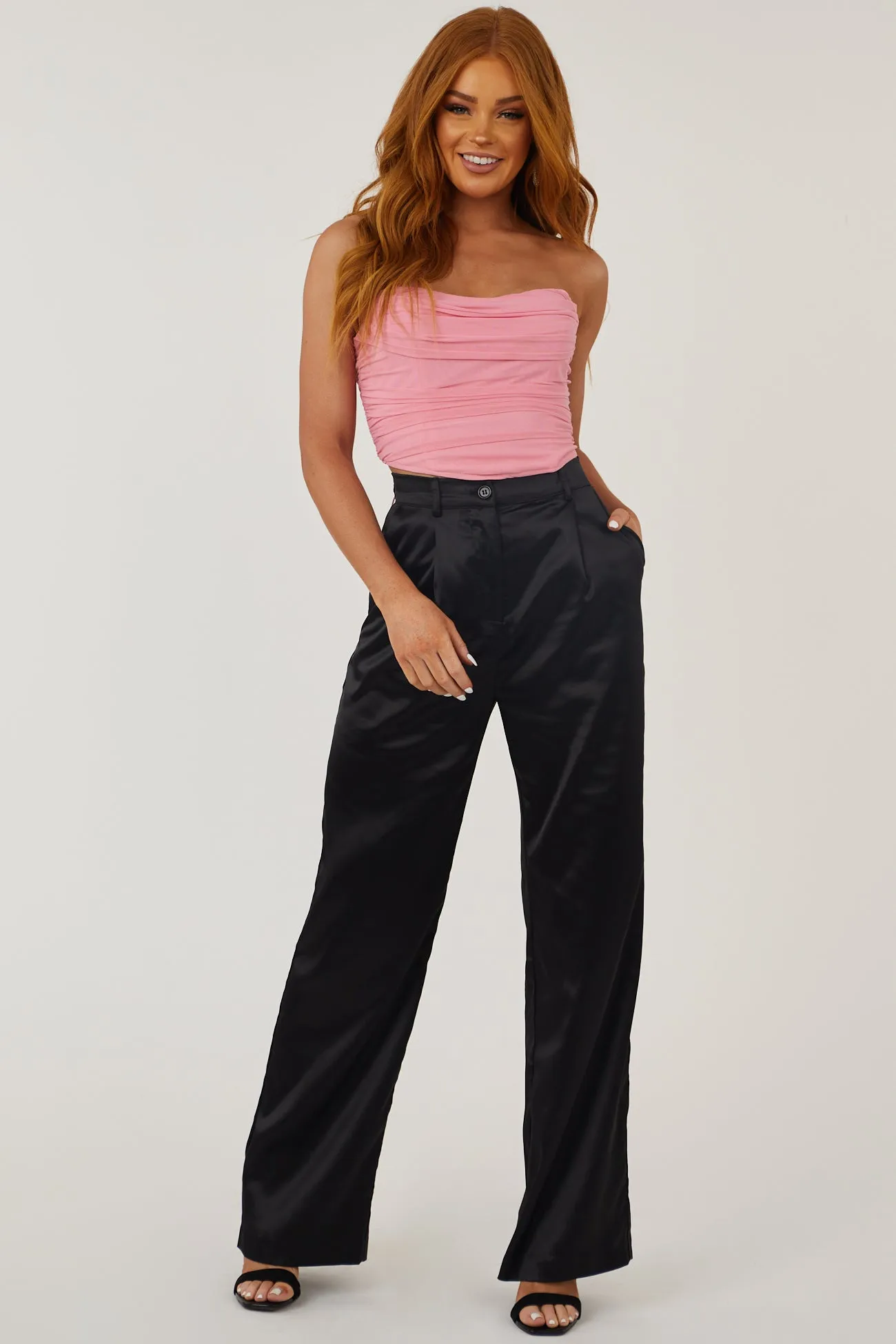 Black High Waisted Wide Leg Satin Pants sold by Lime Lush product image thumbnail 5