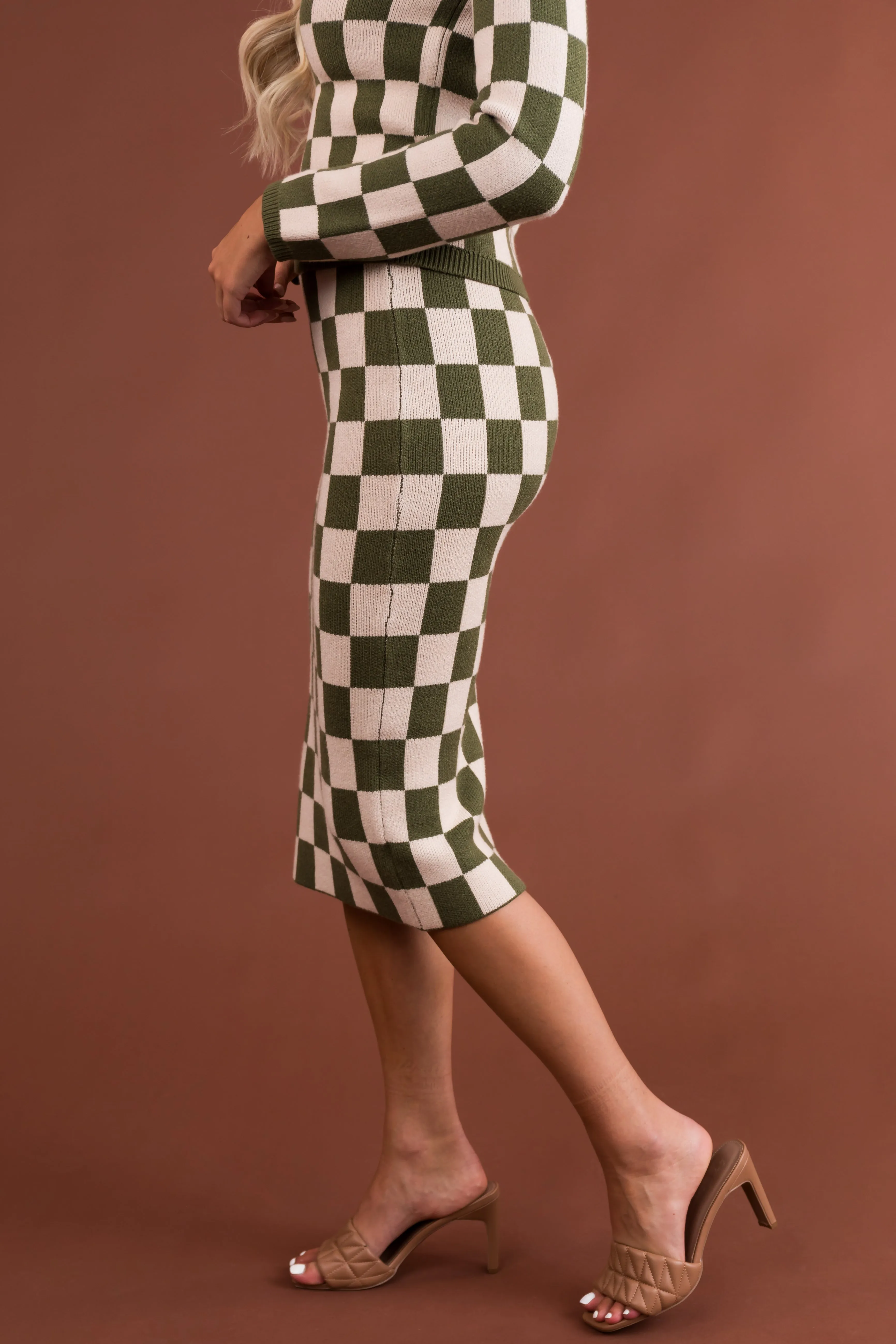 Olive and Champagne Checkered Knit Skirt sold by Lime Lush product image thumbnail 3