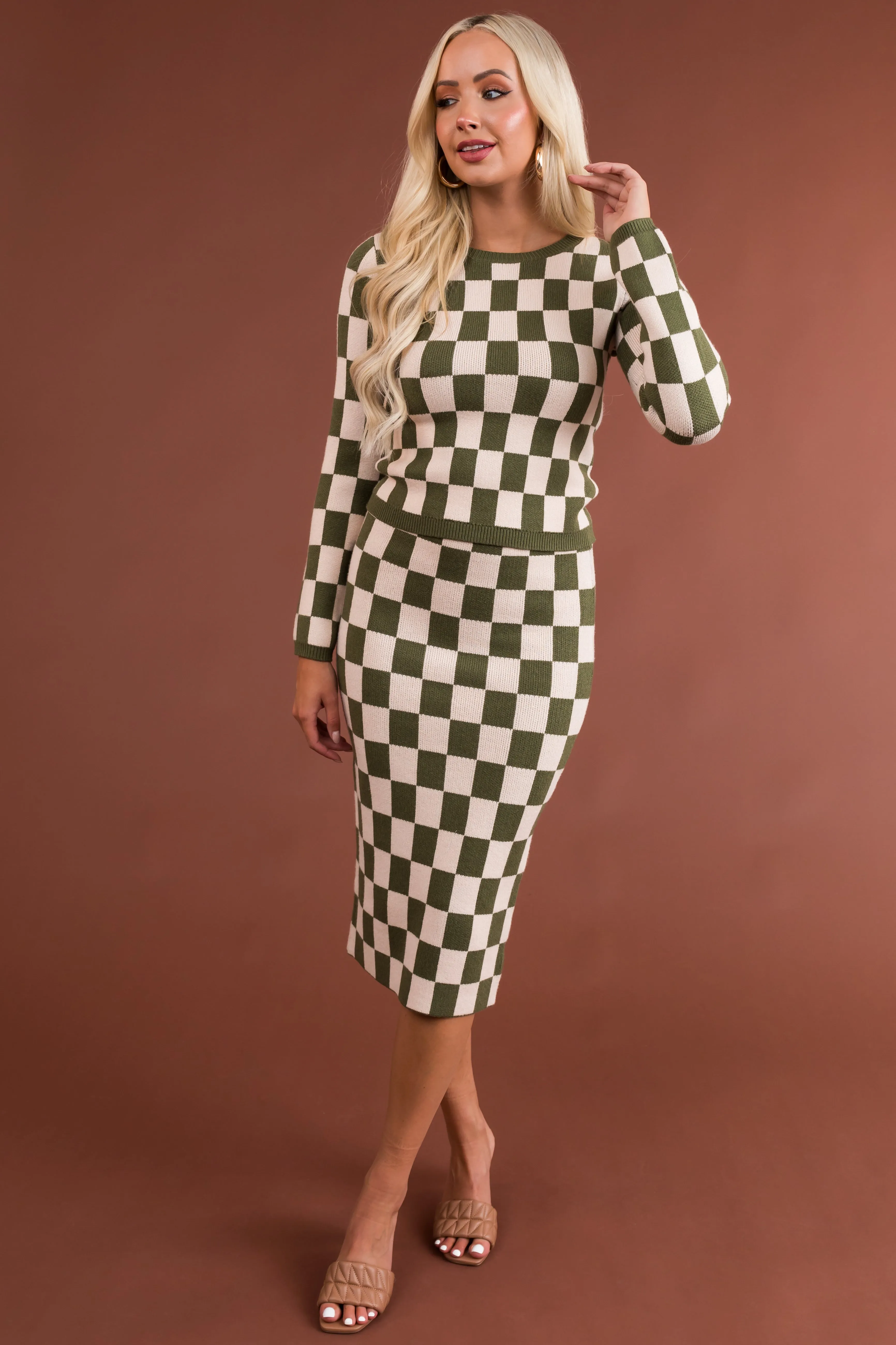 Olive and Champagne Checkered Knit Skirt sold by Lime Lush product image thumbnail 5