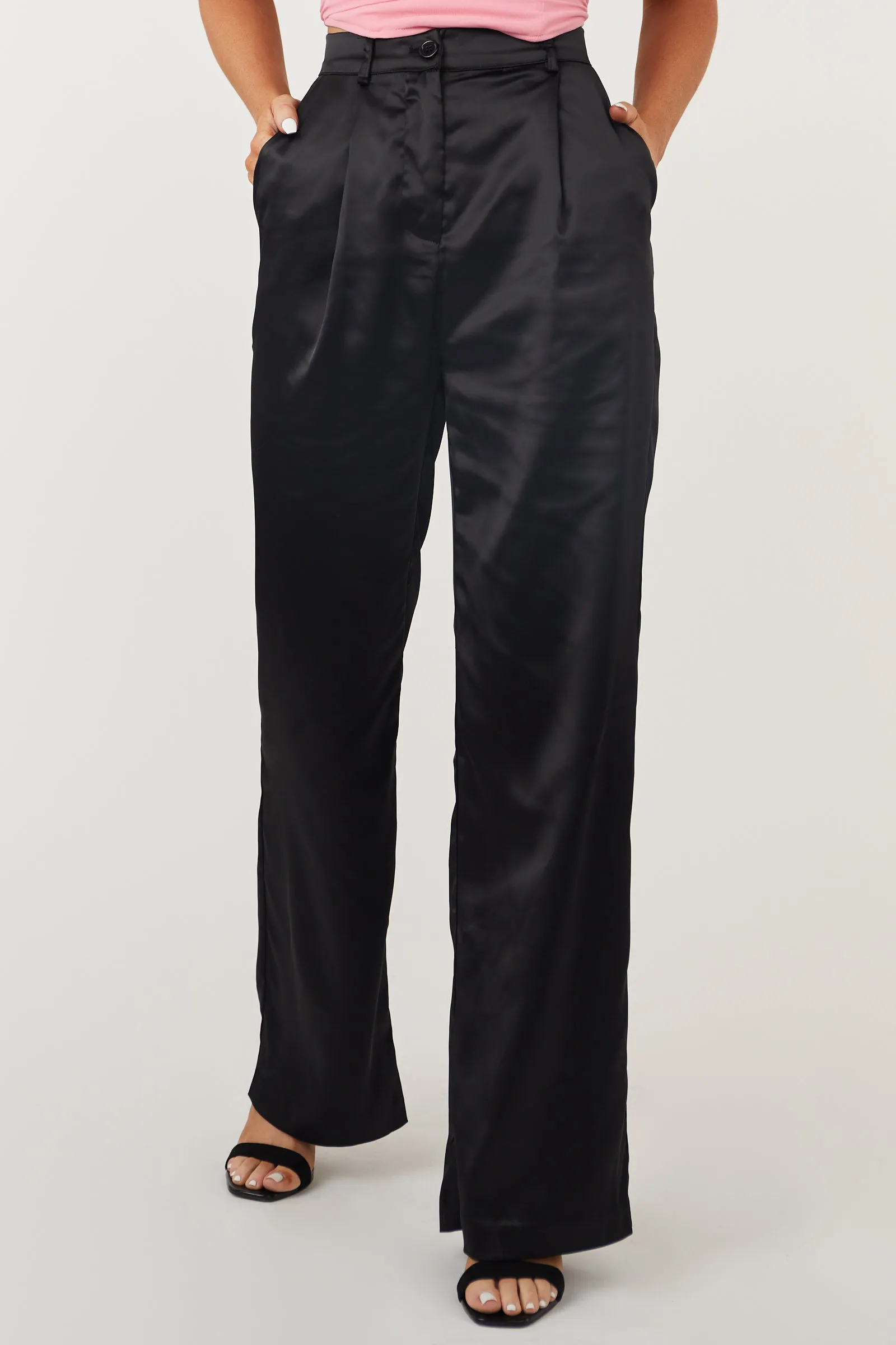 Black High Waisted Wide Leg Satin Pants sold by Lime Lush product image thumbnail 2