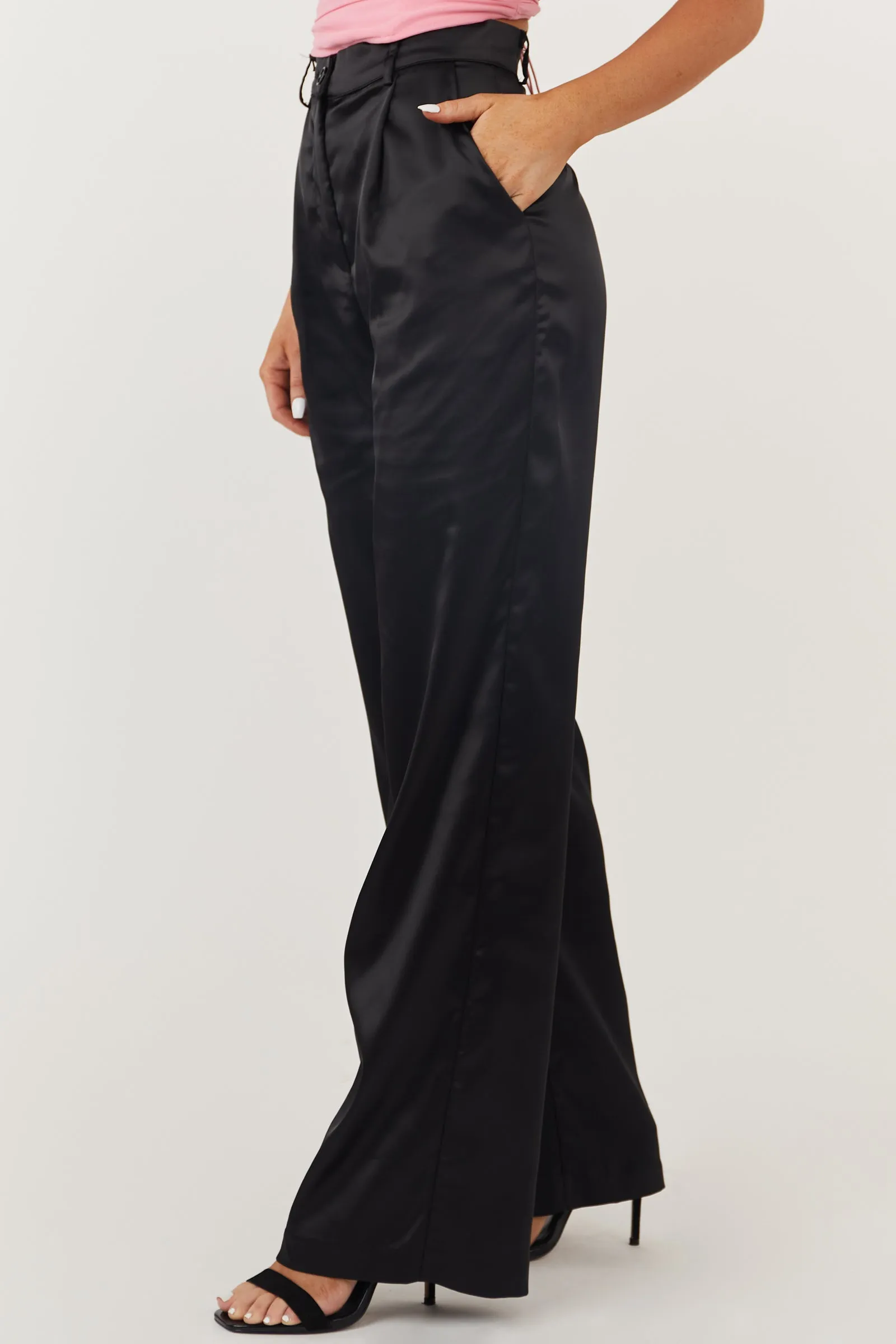 Black High Waisted Wide Leg Satin Pants sold by Lime Lush product image thumbnail 3