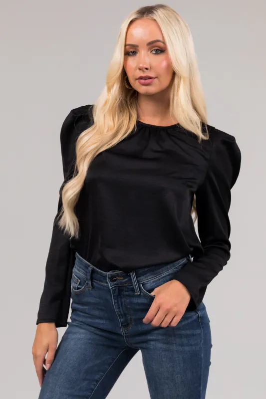 Black Long Pleated Puff Sleeve Satin Blouse sold by Lime Lush