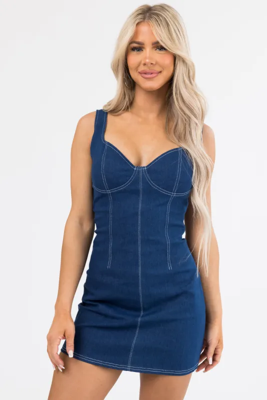 Dark Wash Knit Denim Sleeveless Mini Dress sold by Lime Lush