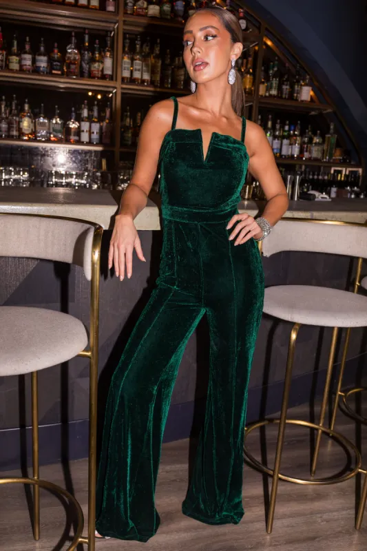 Flying Tomato Forest Split Neck Flare Leg Velvet Jumpsuit sold by Lime Lush