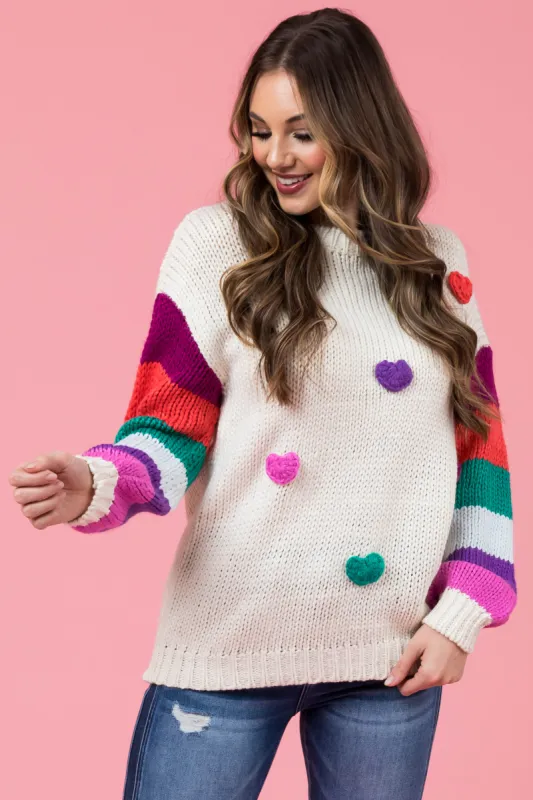 Cream Multicolor Heart and Stripe Print Sweater sold by Lime Lush