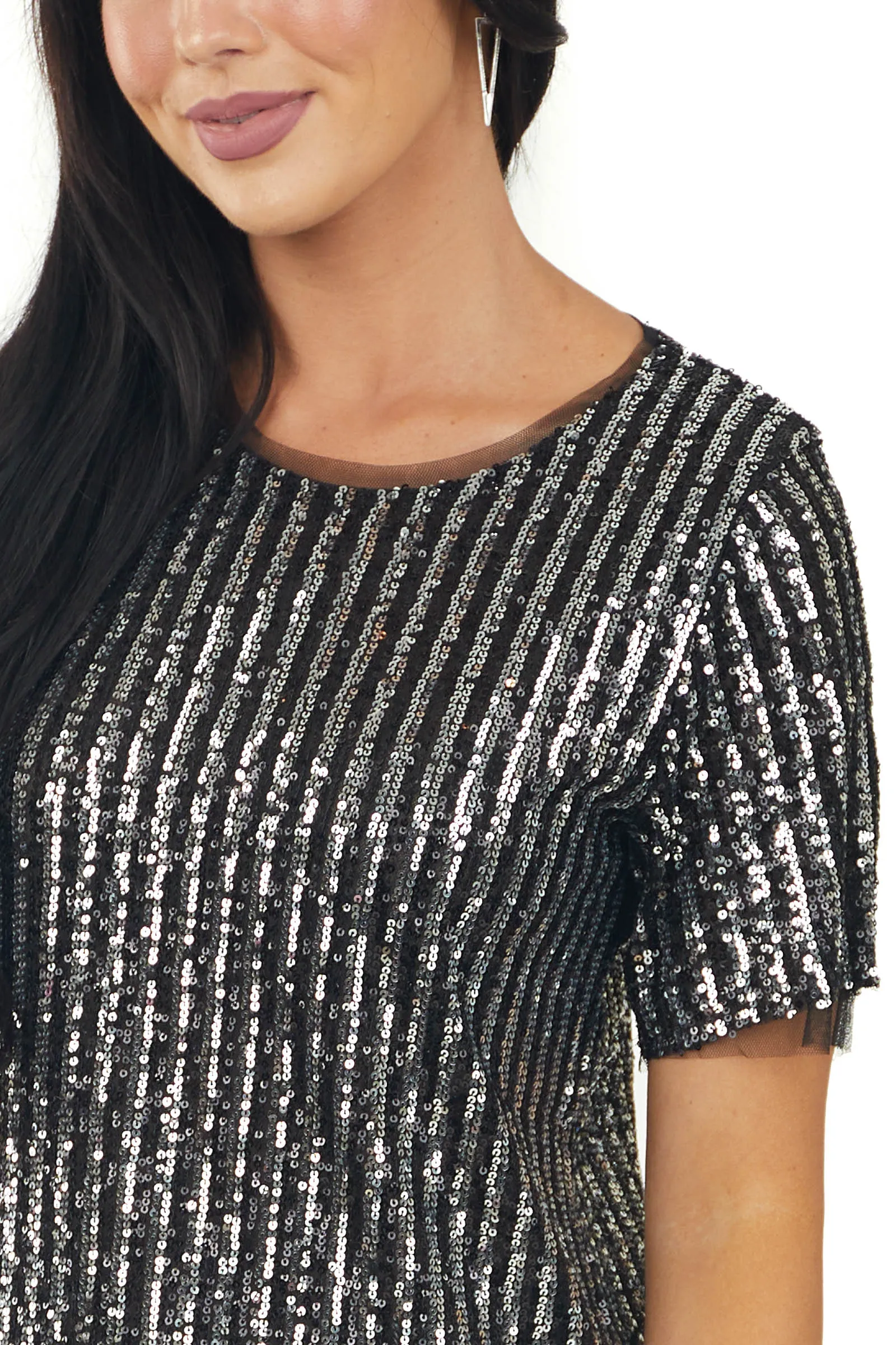 Black Short Sleeve Sequin Top with Tulle Neckline sold by Lime Lush product image thumbnail 5