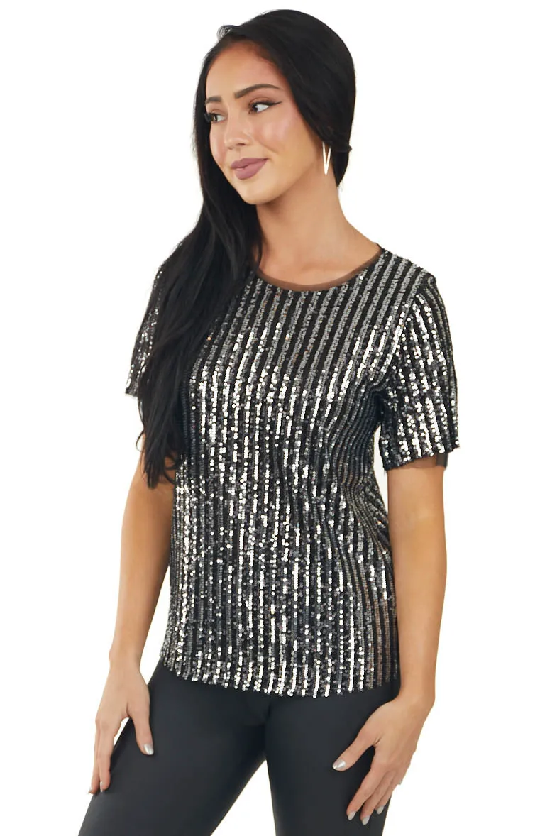 Black Short Sleeve Sequin Top with Tulle Neckline sold by Lime Lush product image thumbnail 3