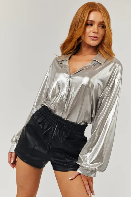 Silver Metallic Button Down Collared Blouse sold by Lime Lush