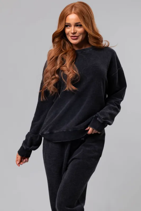 Washed Black Textured Cotton Crew Neck Sweatshirt sold by Lime Lush