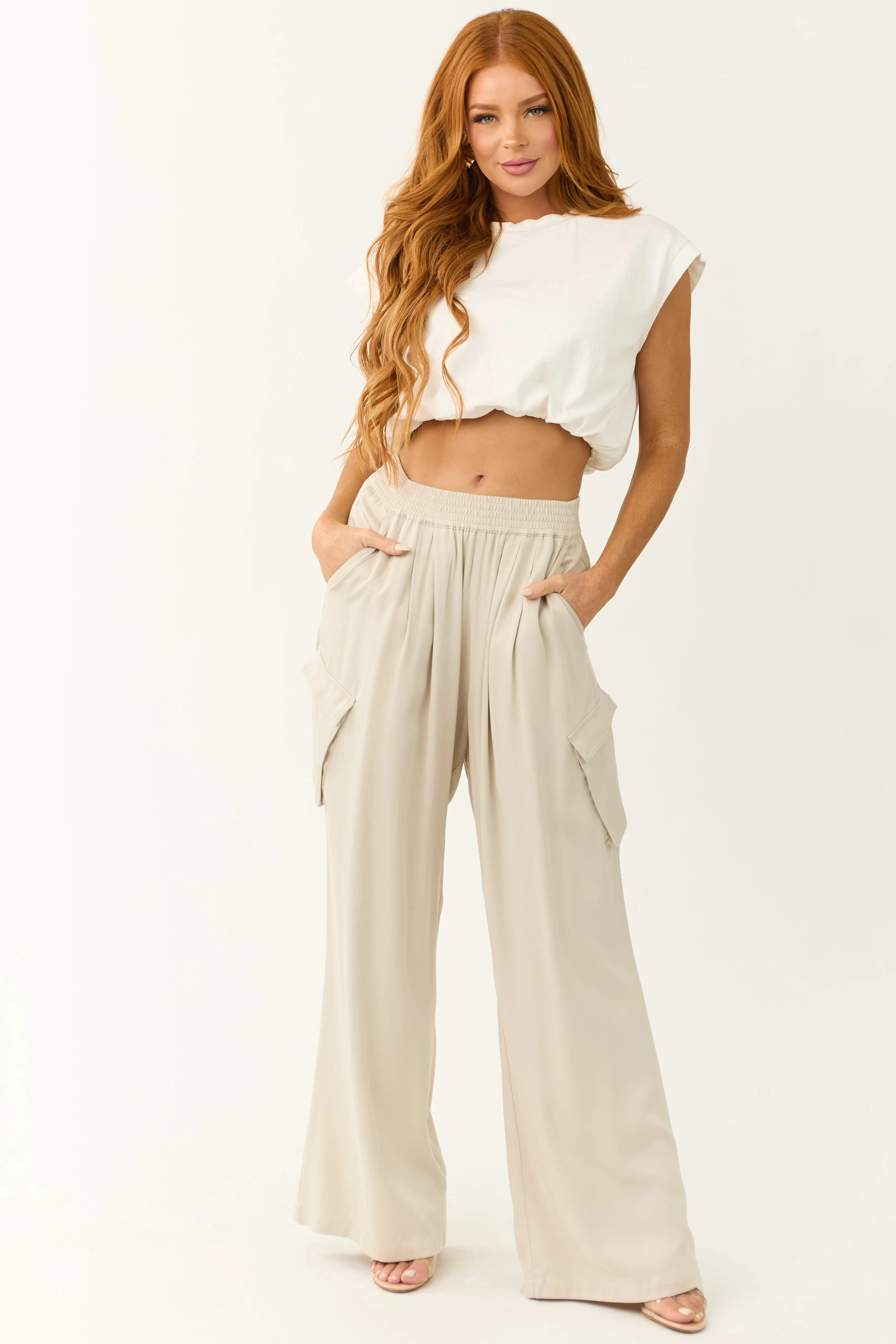 Cloud Wide Leg Smocked Waist Cargo Pants sold by Lime Lush