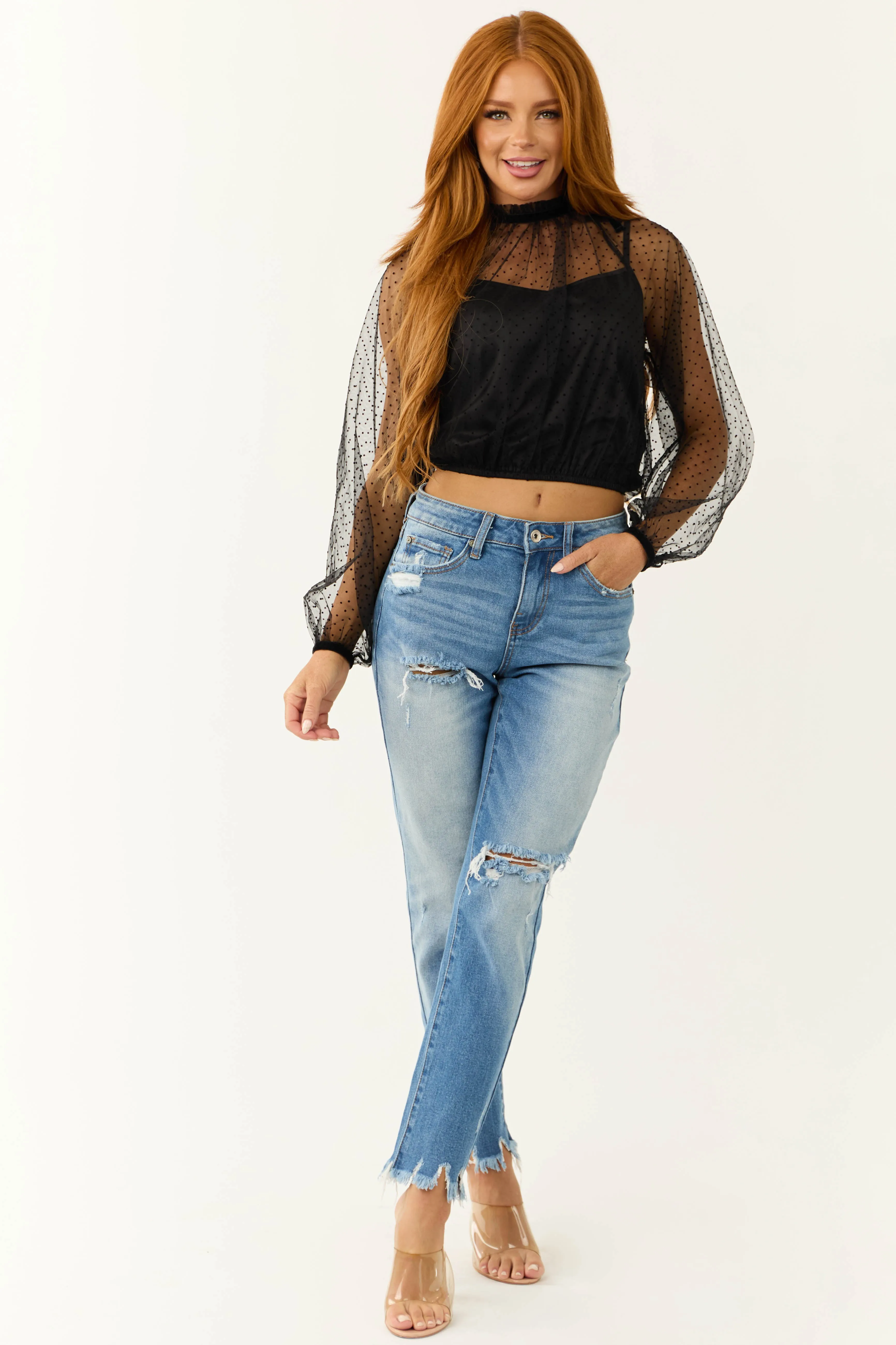 Black Polka Dot Textured Long Sleeve Mesh Top sold by Lime Lush product image thumbnail 3