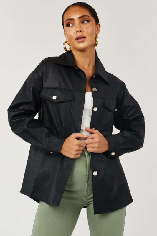 Black Faux Leather Gold Button Down Shacket sold by Lime Lush