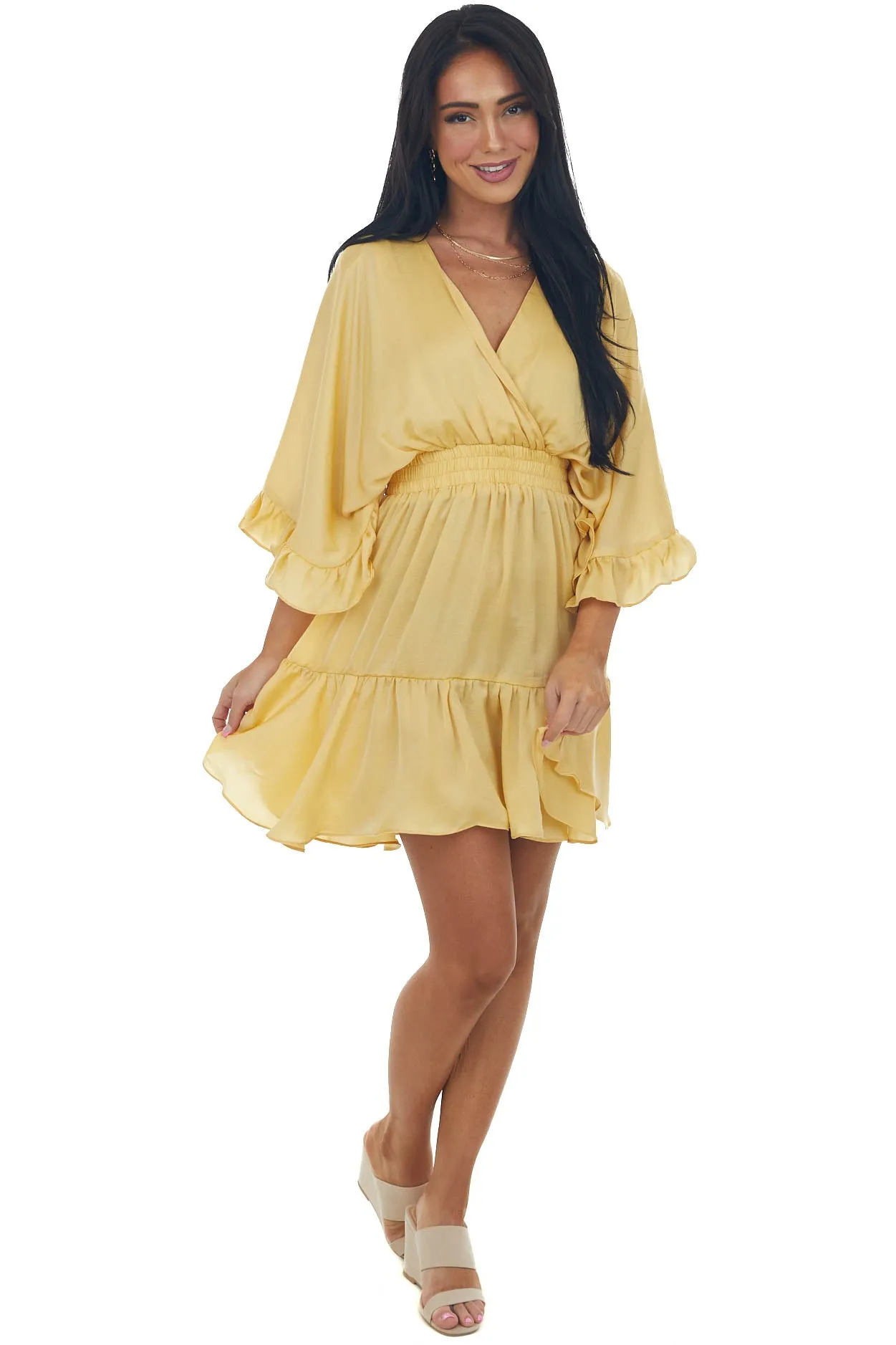 Honeysuckle Kimono Sleeve Ruffle Silky Mini Dress sold by Lime Lush product image thumbnail 4