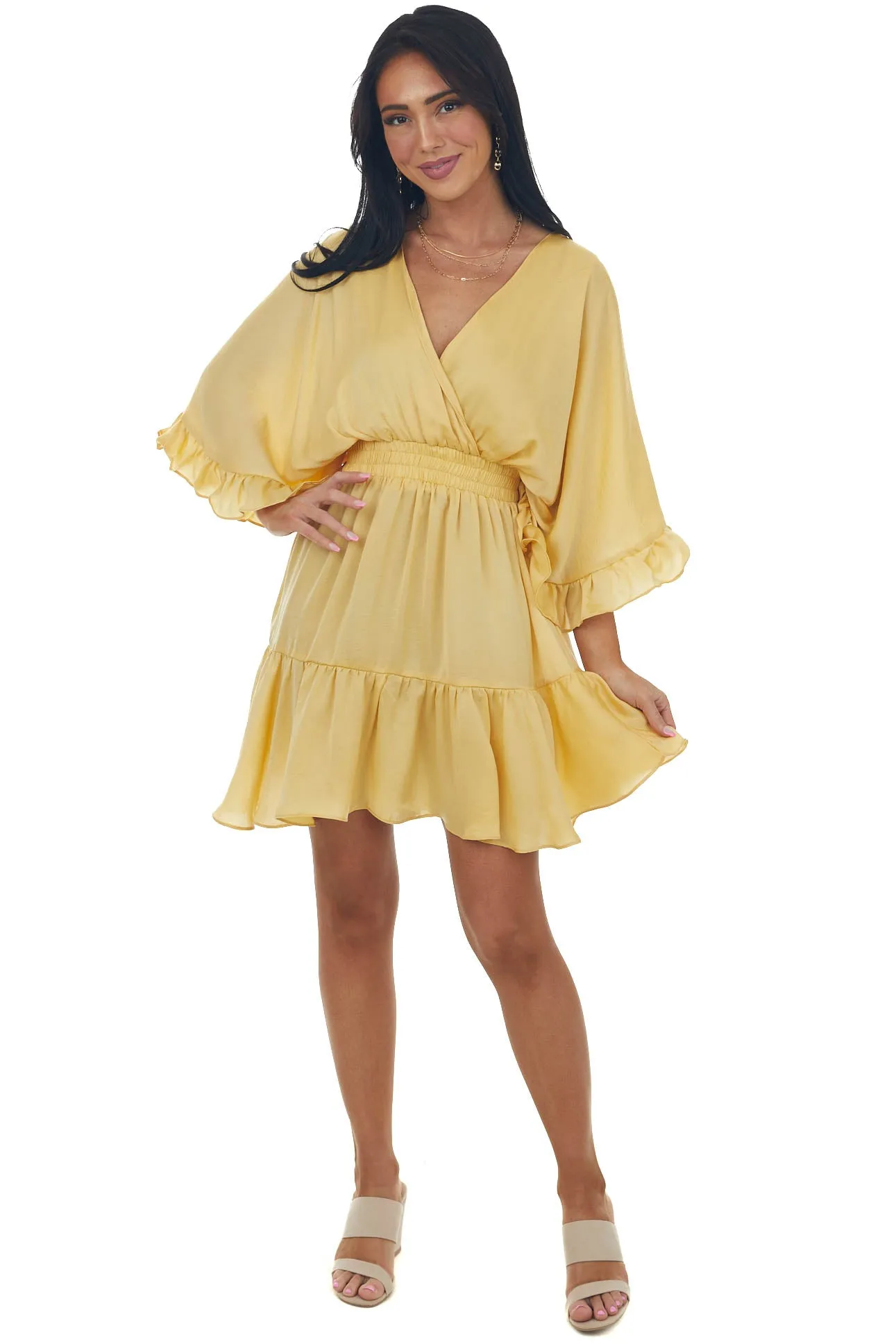 Honeysuckle Kimono Sleeve Ruffle Silky Mini Dress sold by Lime Lush product image thumbnail 5