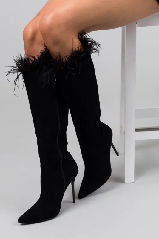 Black Suede Faux Feather Trim Boots sold by Lime Lush