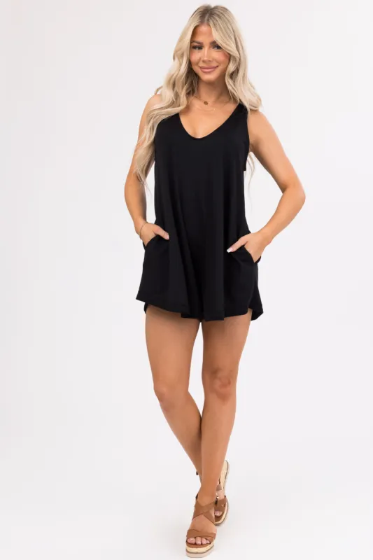 Black Knit V Neck Sleeveless Romper sold by Lime Lush