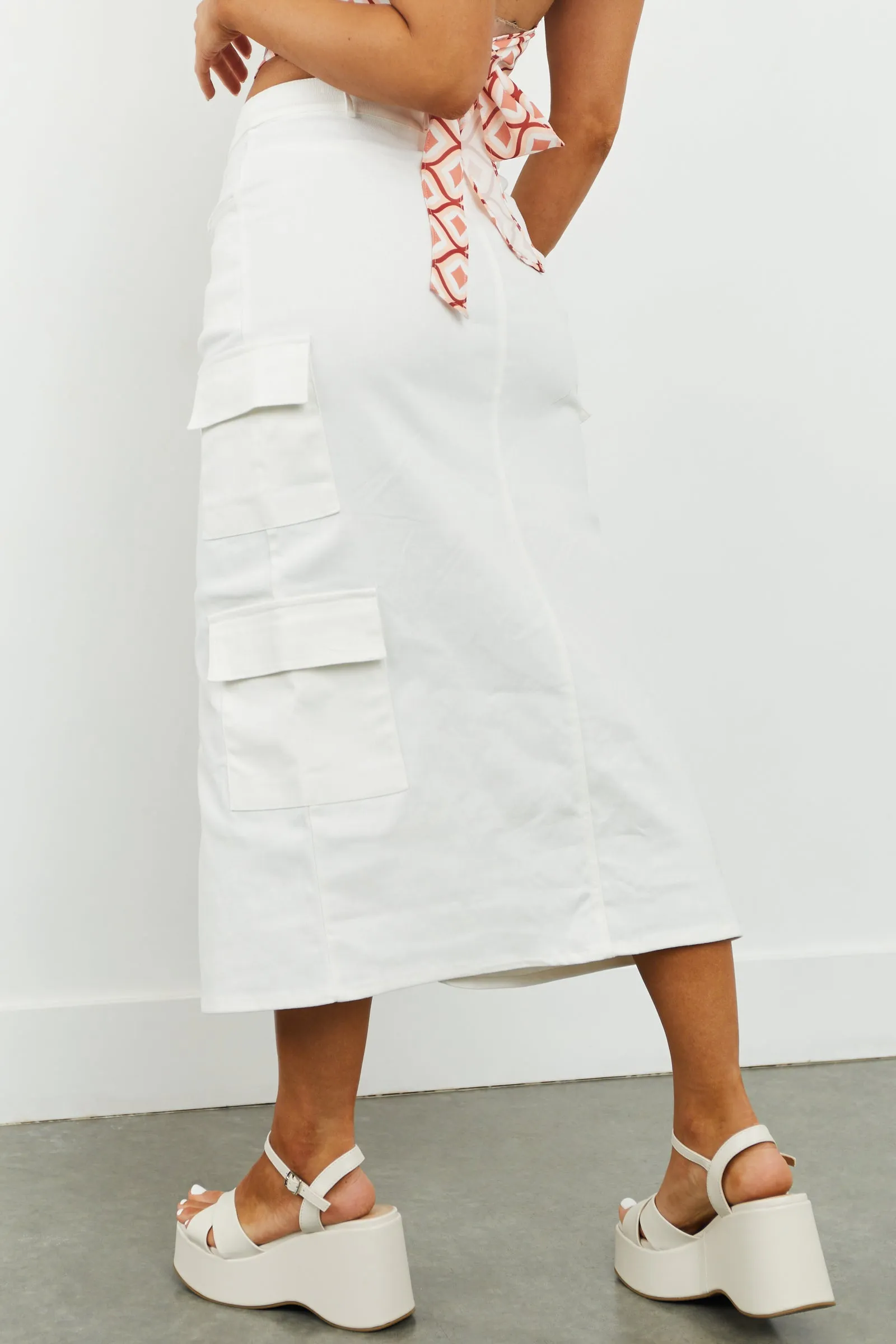 Off White Denim Front Slit Cargo Midi Skirt sold by Lime Lush product image thumbnail 3