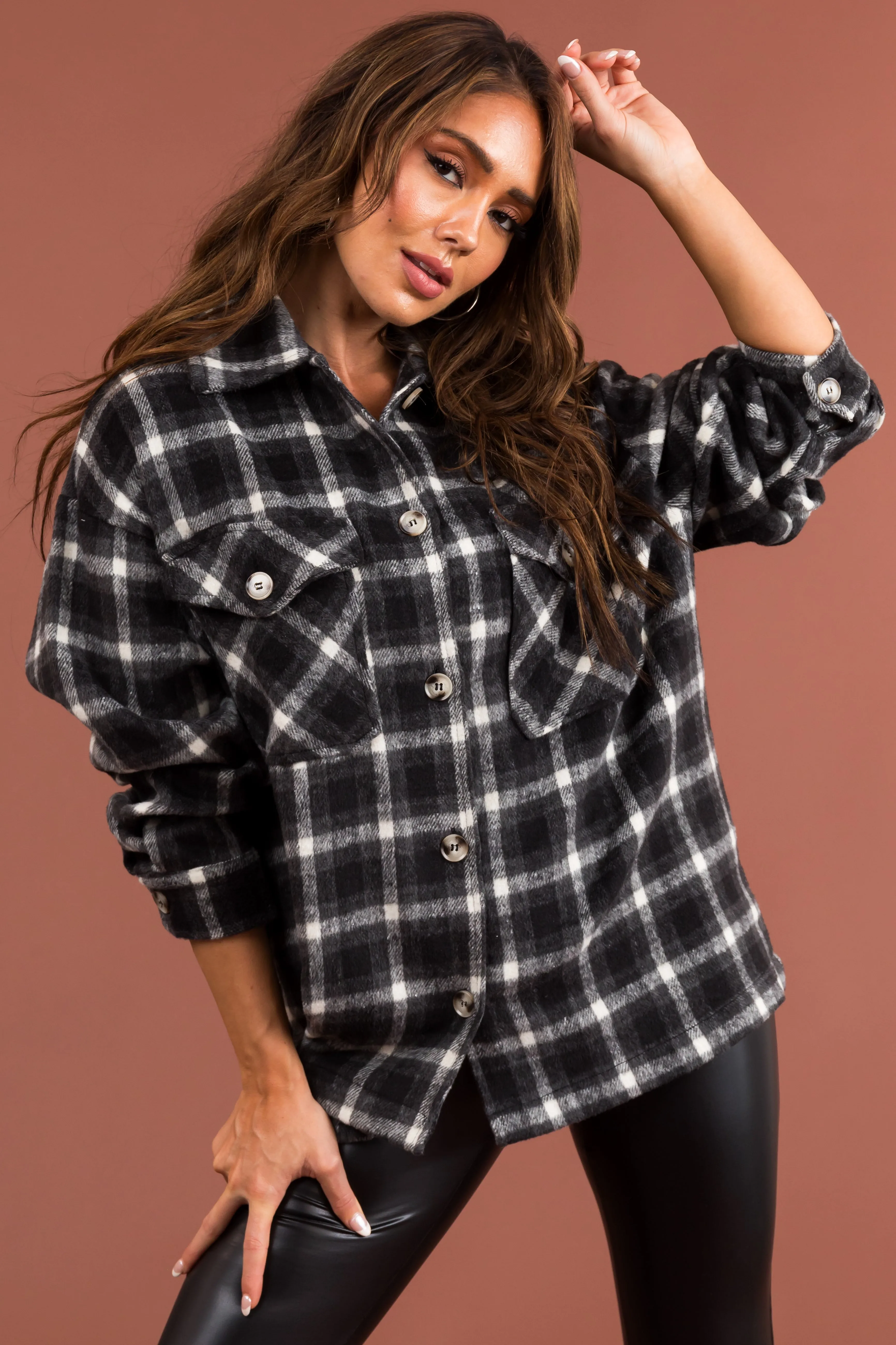 Black and Off White Plaid Button Up Shacket sold by Lime Lush