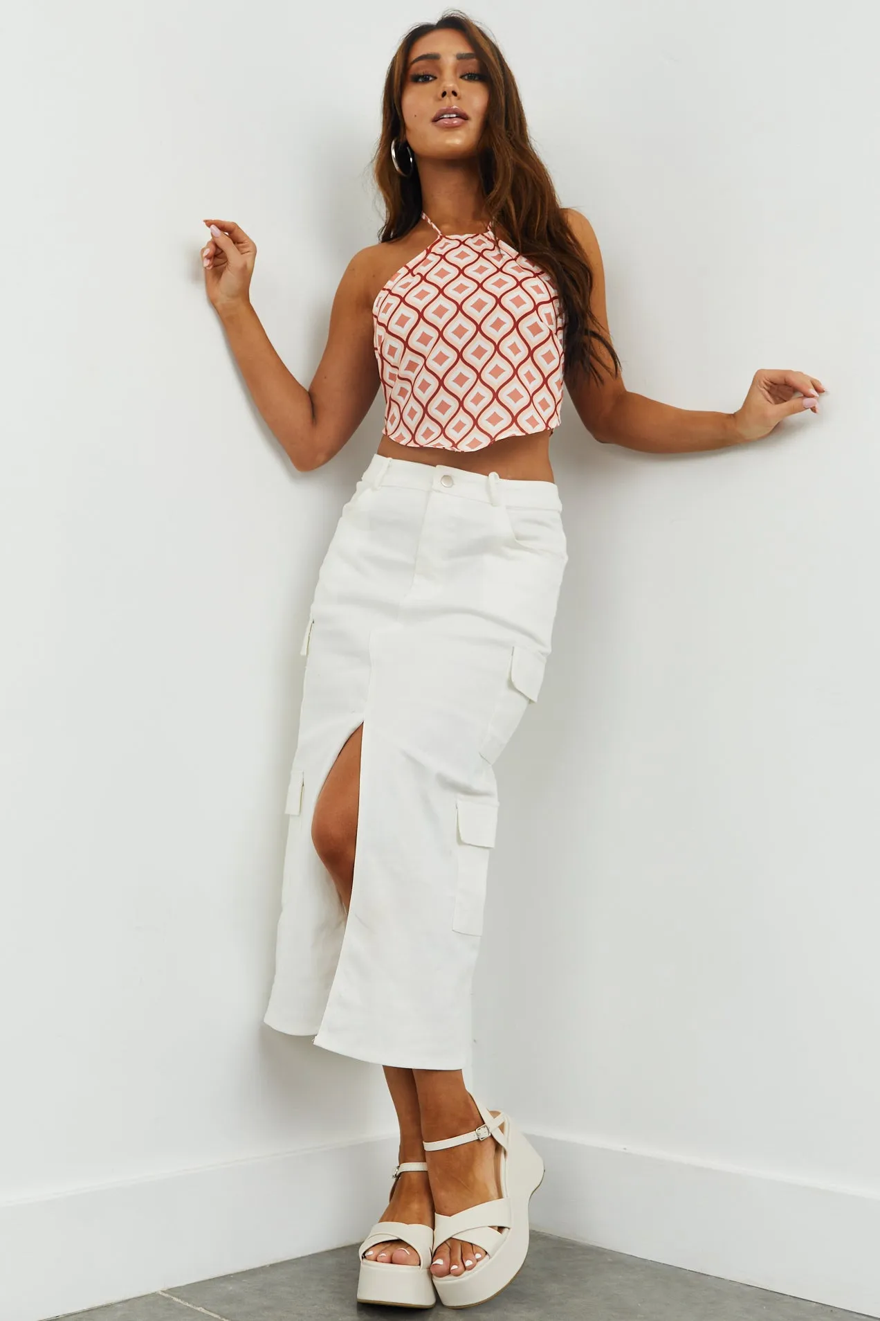 Off White Denim Front Slit Cargo Midi Skirt sold by Lime Lush product image thumbnail 4