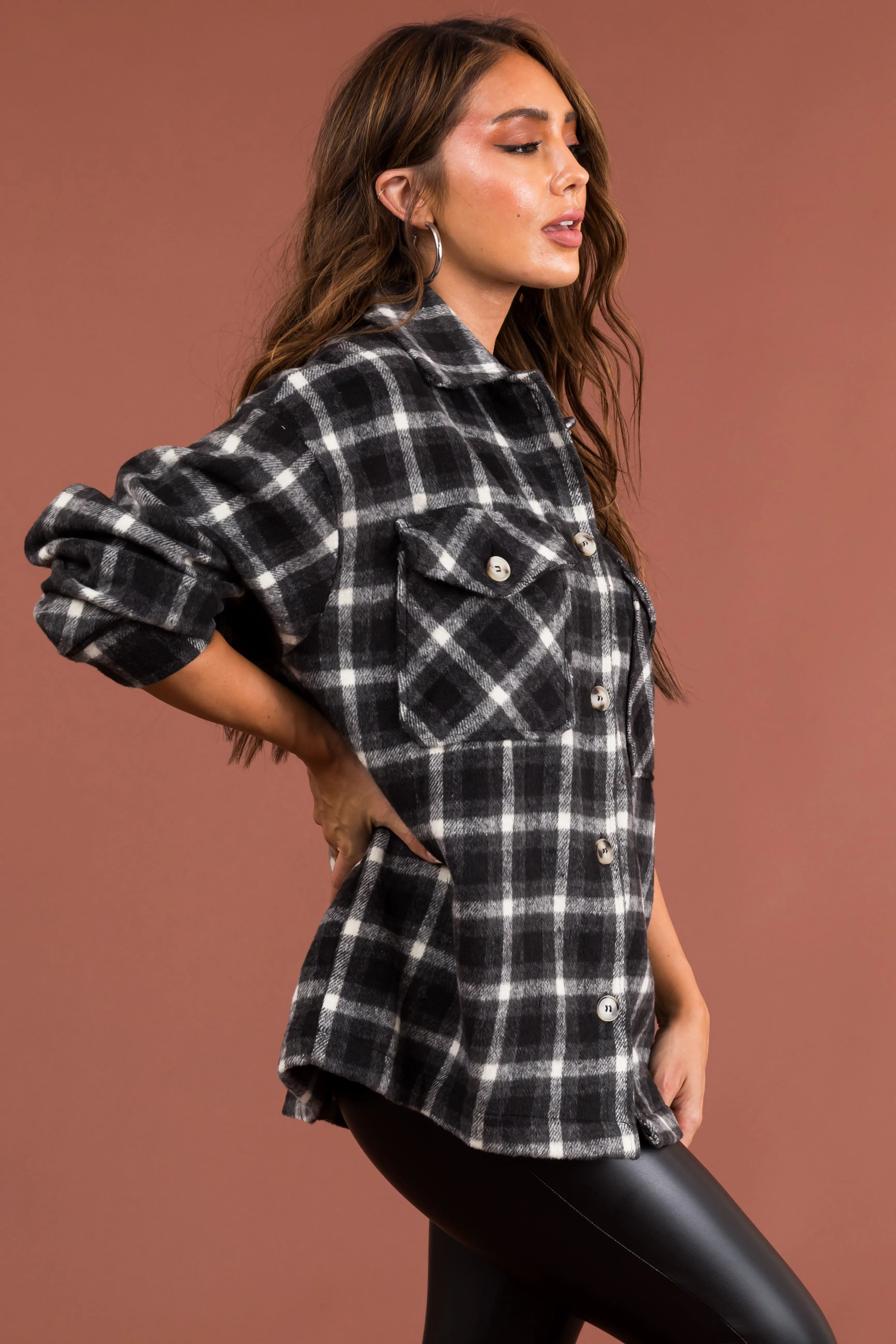 Black and Off White Plaid Button Up Shacket sold by Lime Lush product image thumbnail 4