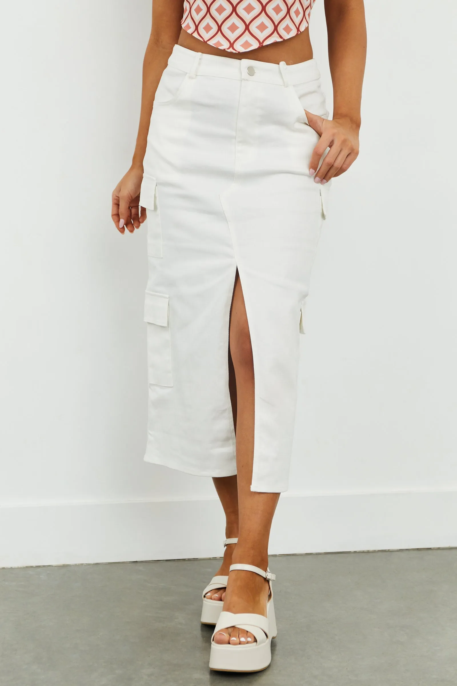 Off White Denim Front Slit Cargo Midi Skirt sold by Lime Lush product image thumbnail 2