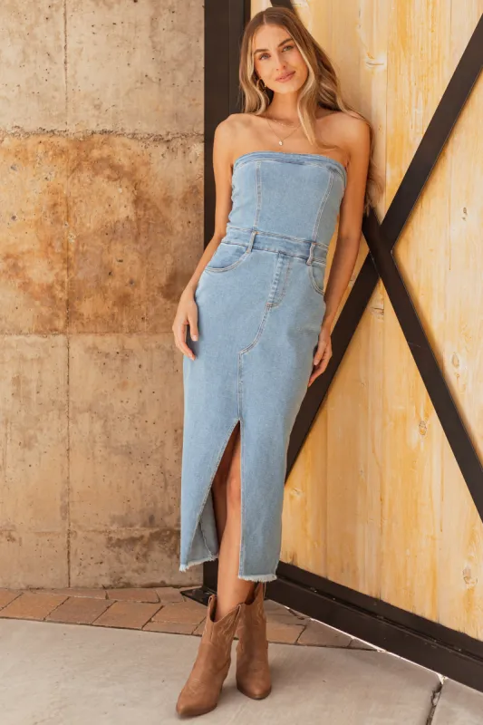 Medium Wash Denim Strapless Bodycon Dress sold by Lime Lush