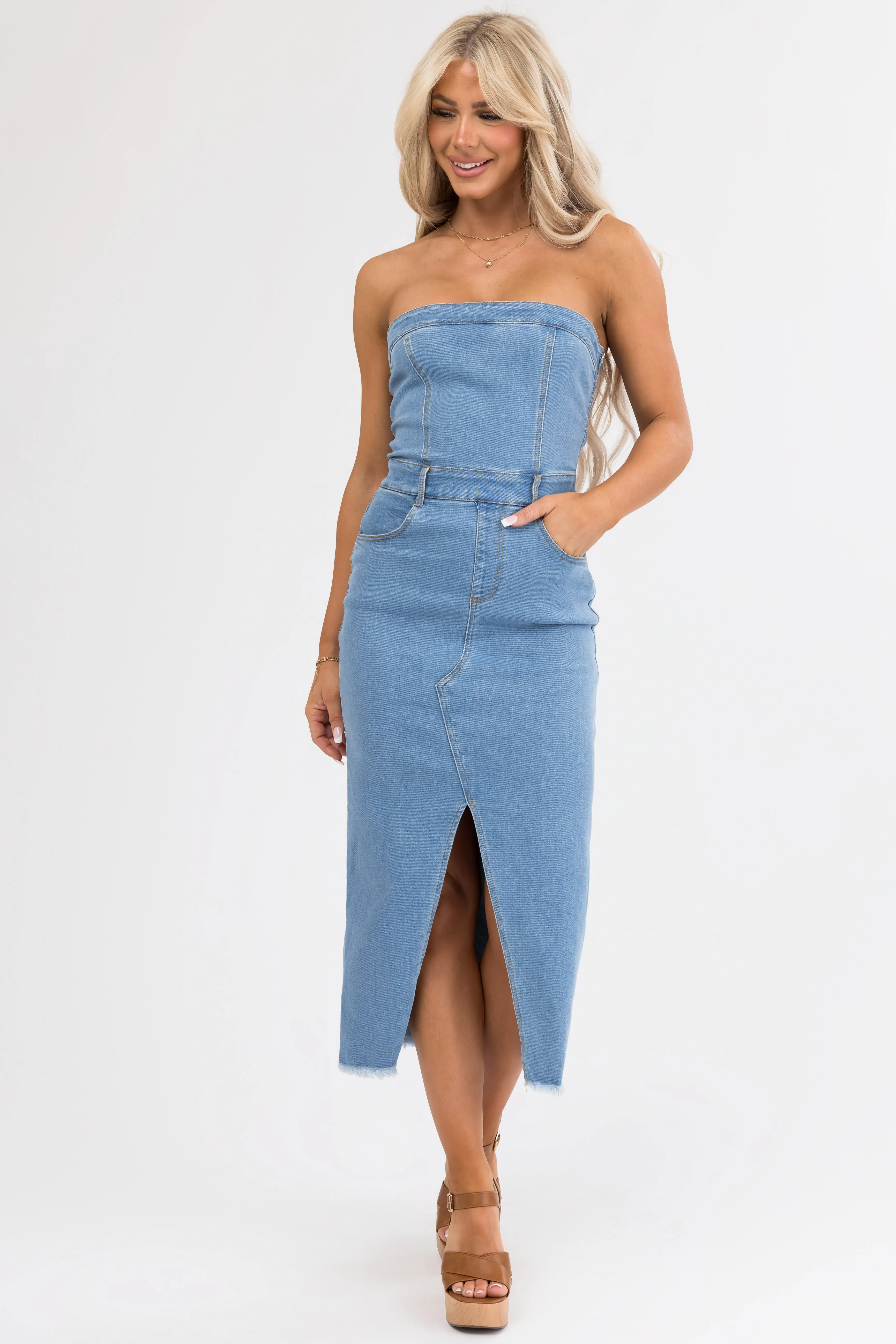 Medium Wash Denim Strapless Bodycon Dress sold by Lime Lush product image thumbnail 2
