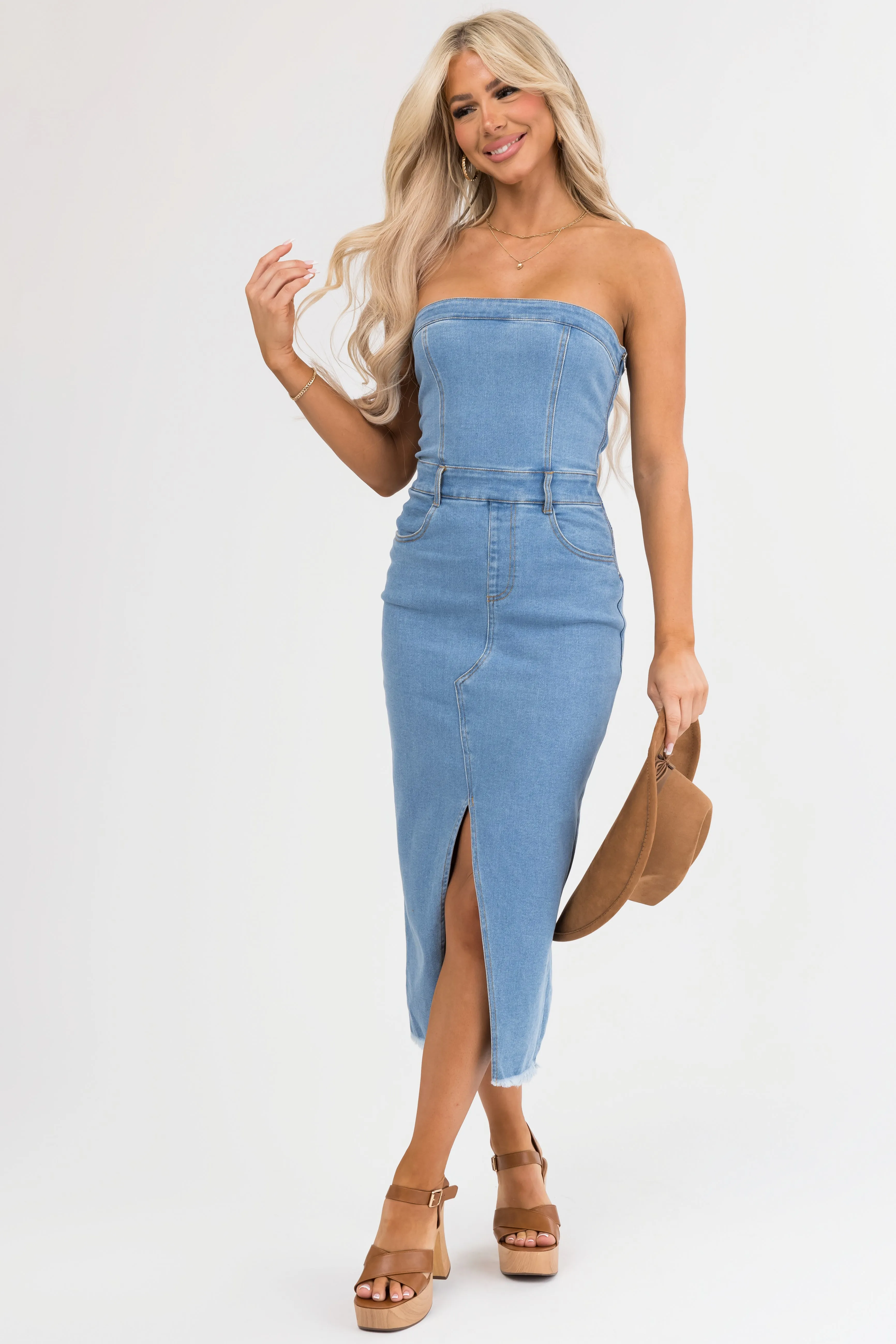 Medium Wash Denim Strapless Bodycon Dress sold by Lime Lush product image thumbnail 5
