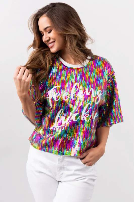 Multicolor 'Feeling Lucky' Sequined Top sold by Lime Lush