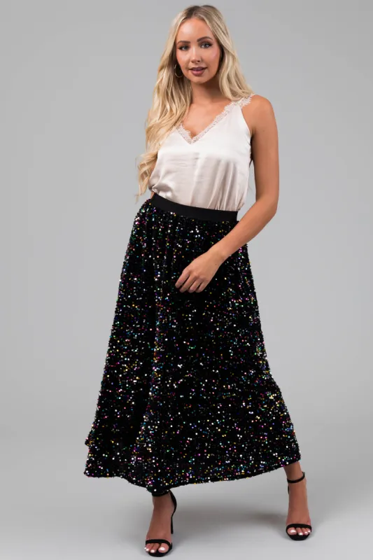 Black Colorful Sequin Velvet Midi Skirt sold by Lime Lush