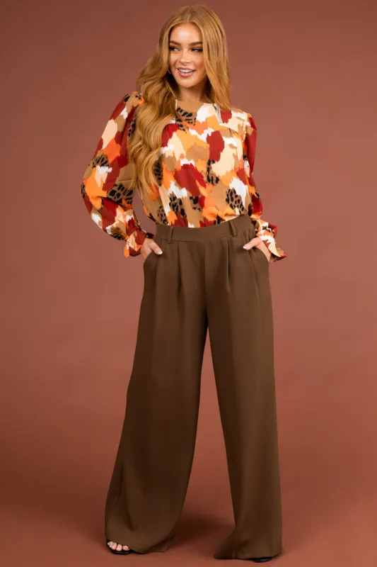 Chocolate Elastic Waist Wide Leg Dress Pants sold by Lime Lush