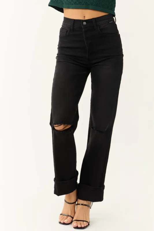 Cello Faded Black High Rise Torn Knee Dad Jeans sold by Lime Lush