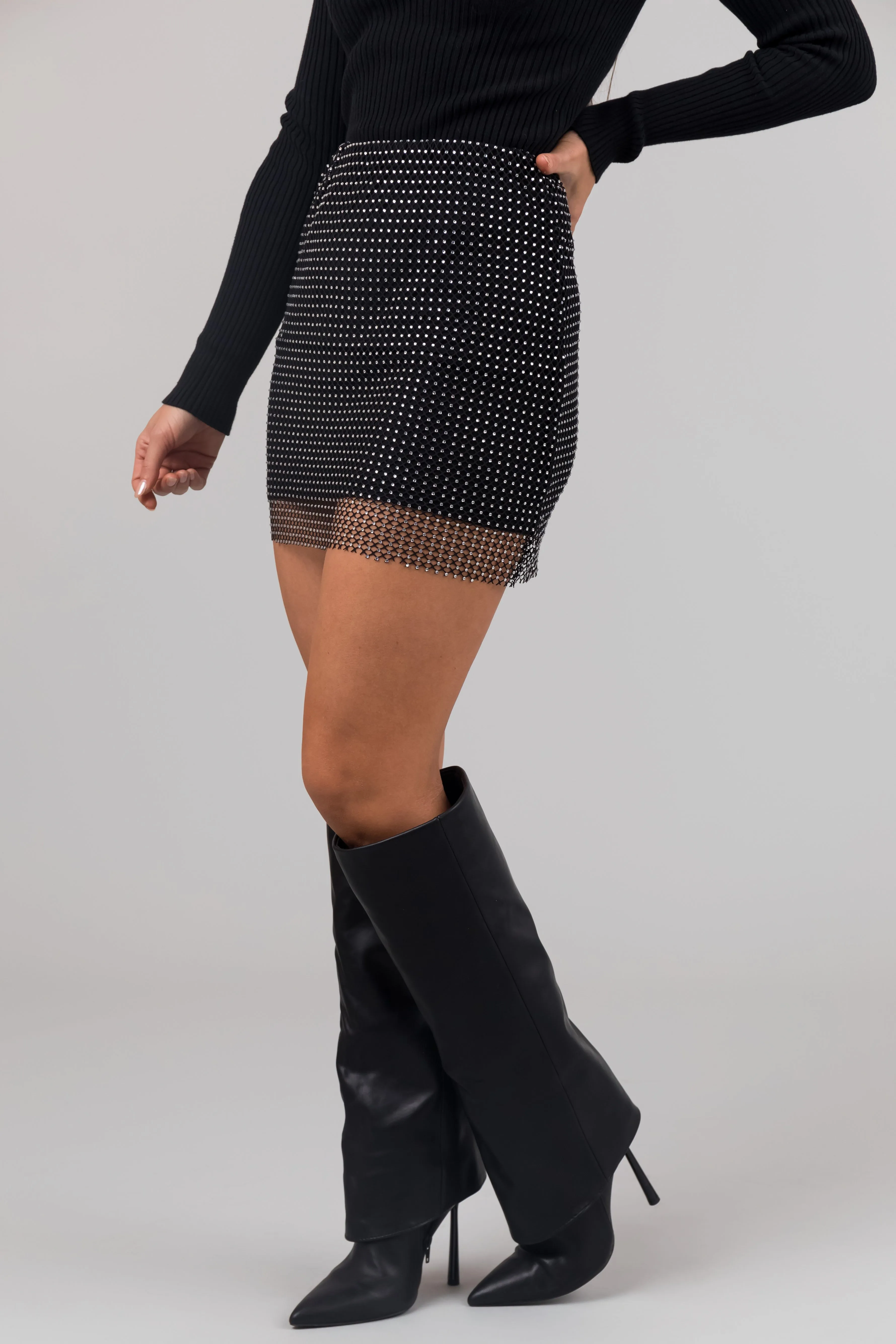 Black Rhinestone Mesh Elastic Mini Skirt sold by Lime Lush product image thumbnail 3