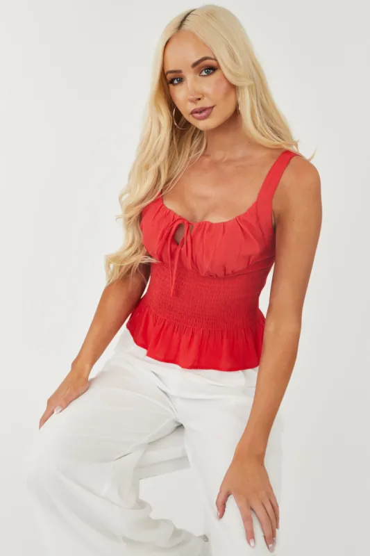 Poppy Red Square Neck Smocked Peplum Tank Top sold by Lime Lush