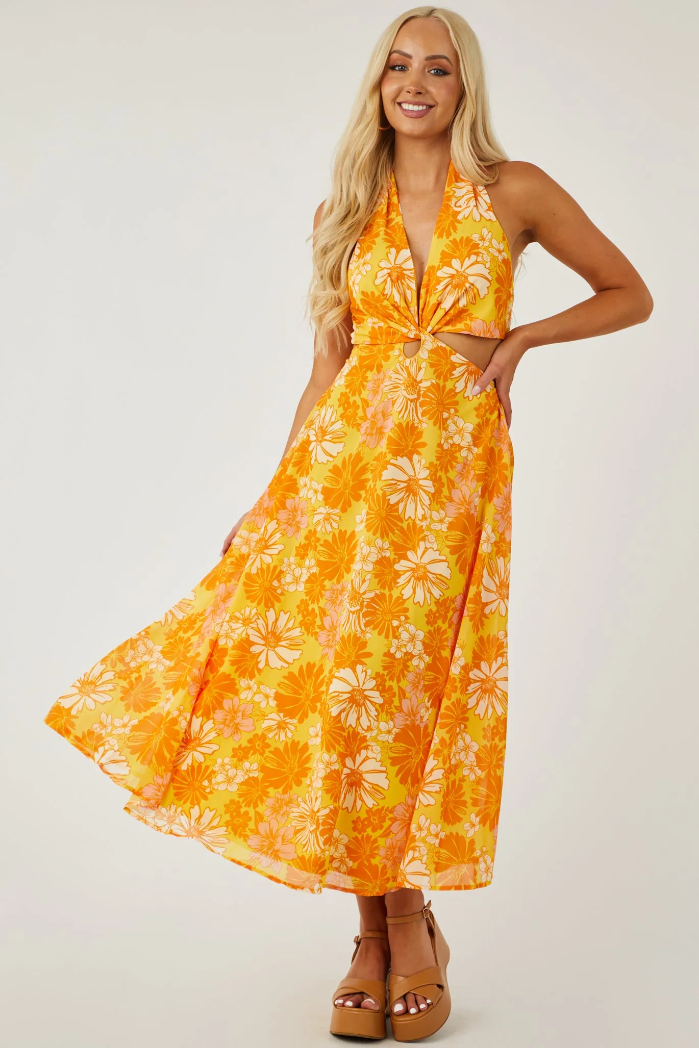 Flying Tomato Amber Floral Print Front Twist Midi Dress sold by Lime Lush
