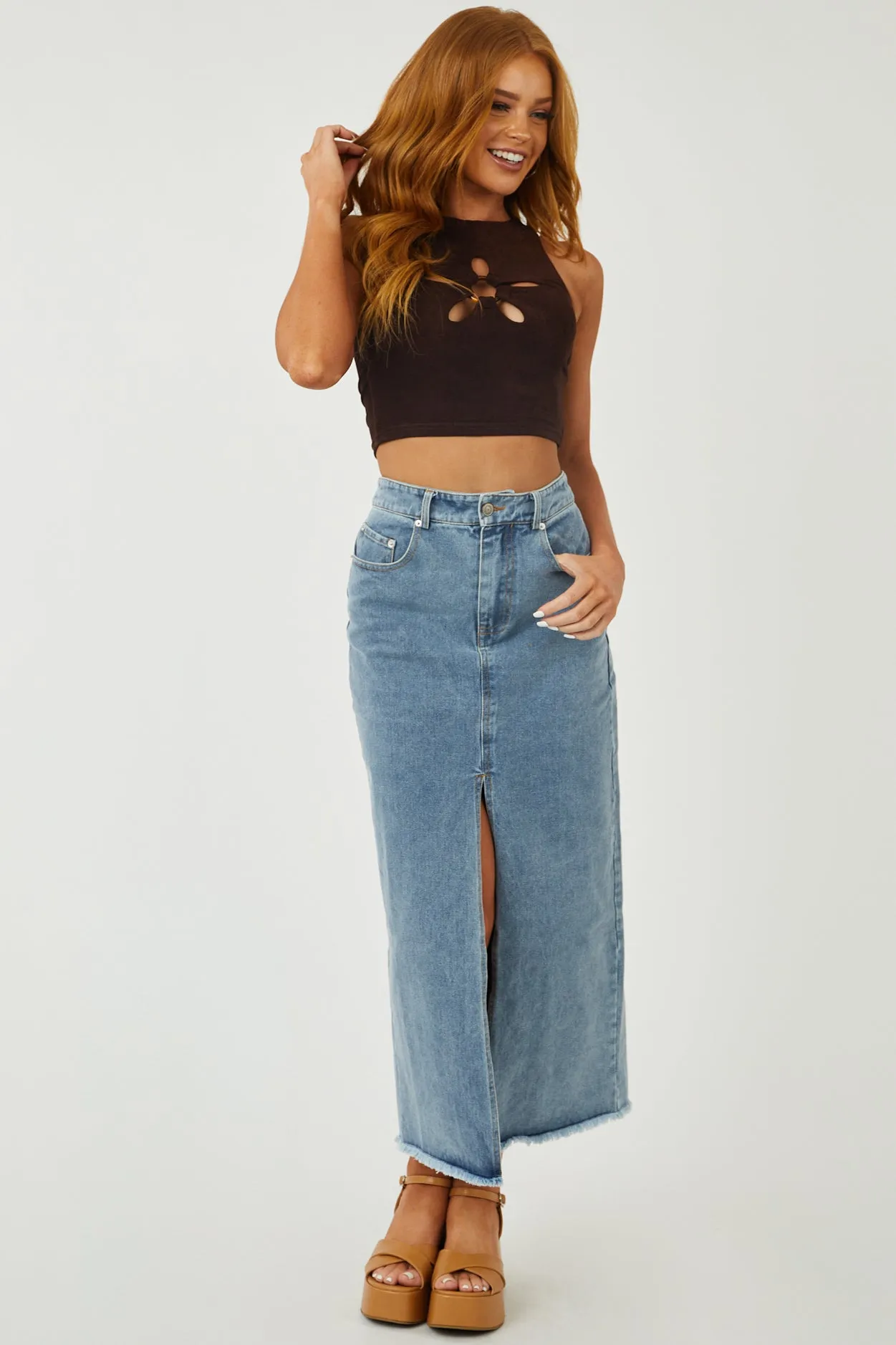 Chocolate Silky Knit Cut Out Cropped Tank Top sold by Lime Lush product image thumbnail 4