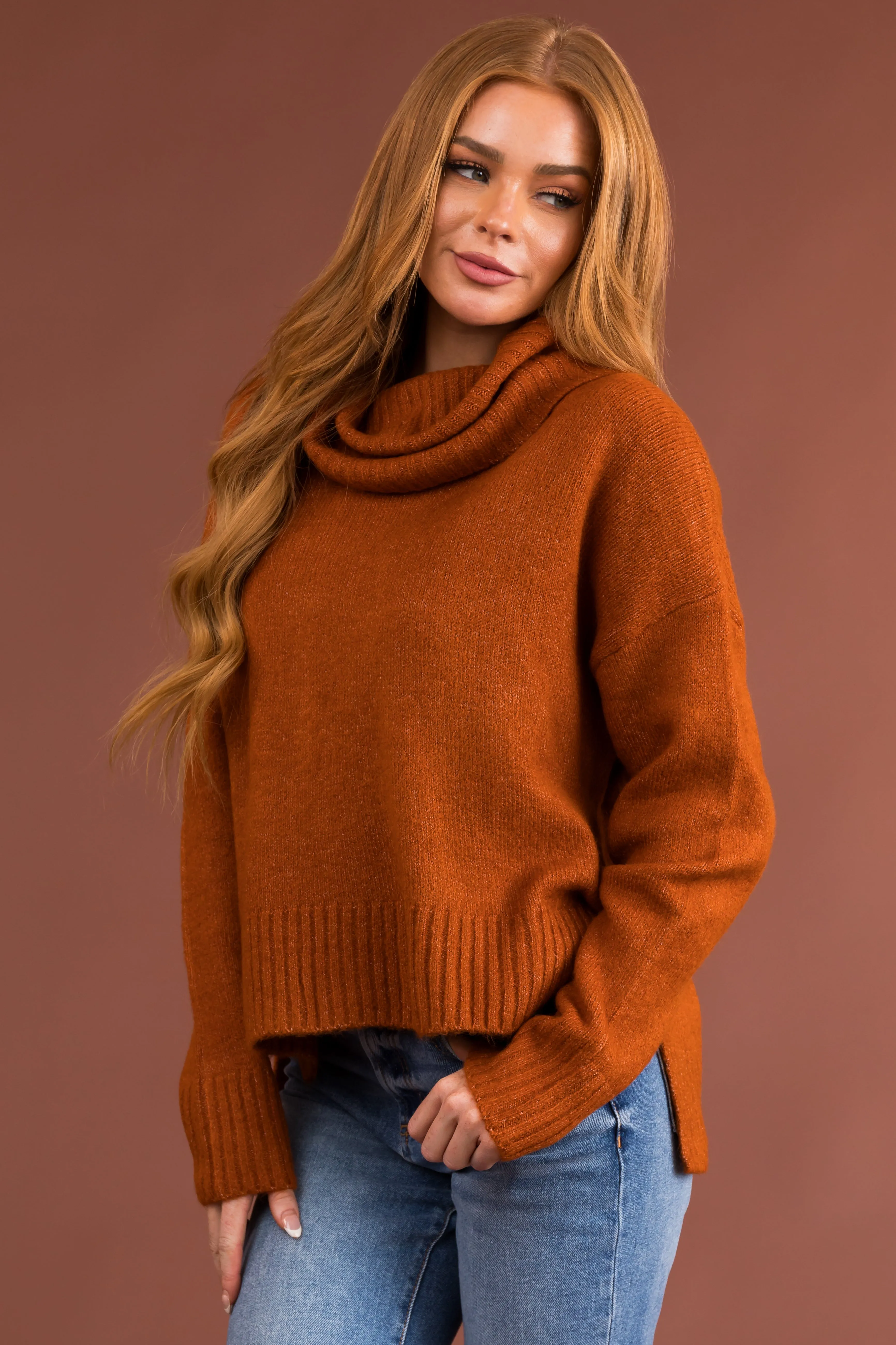 Spice Wide Turtleneck Side Slit Sweater sold by Lime Lush