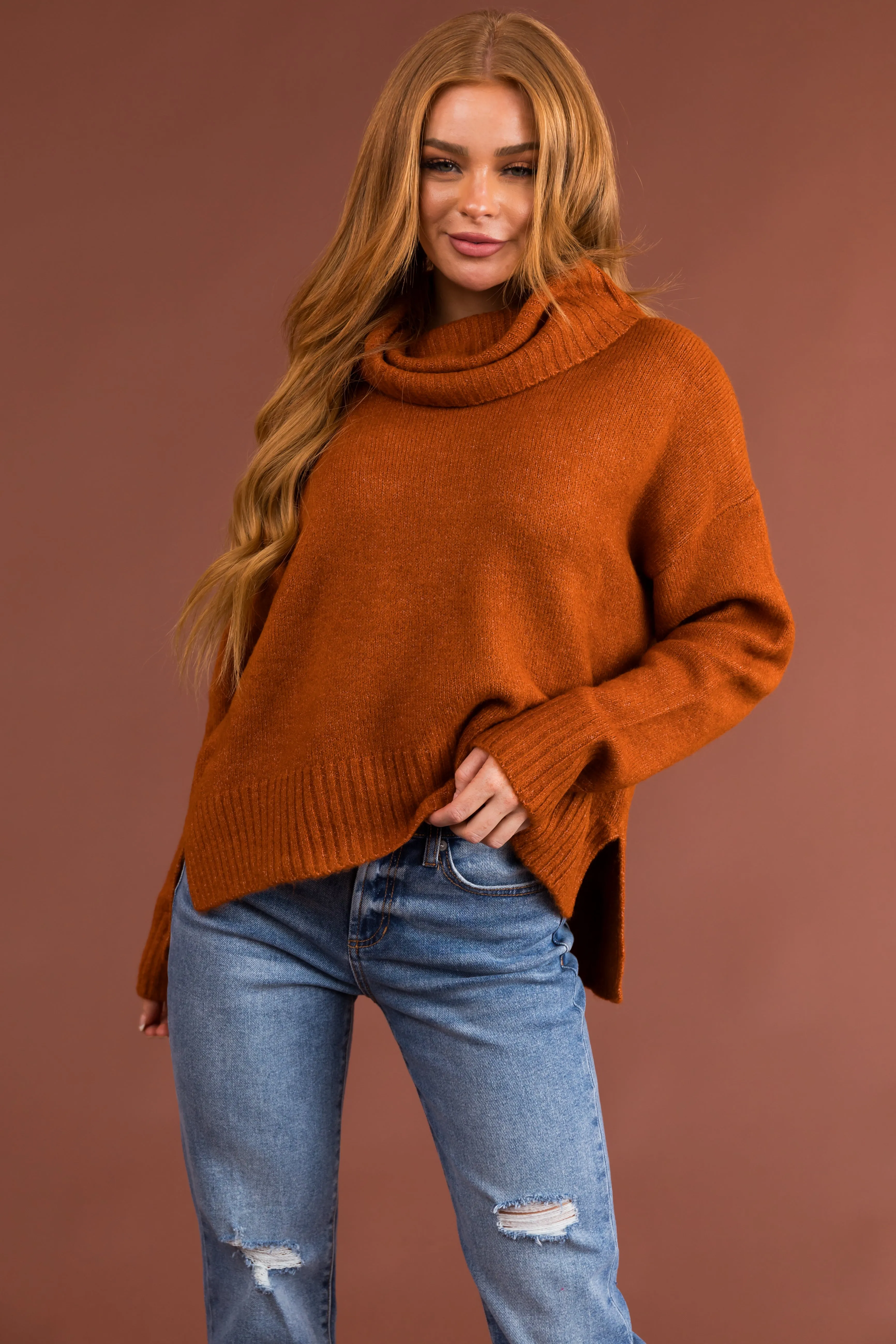 Spice Wide Turtleneck Side Slit Sweater sold by Lime Lush product image thumbnail 3