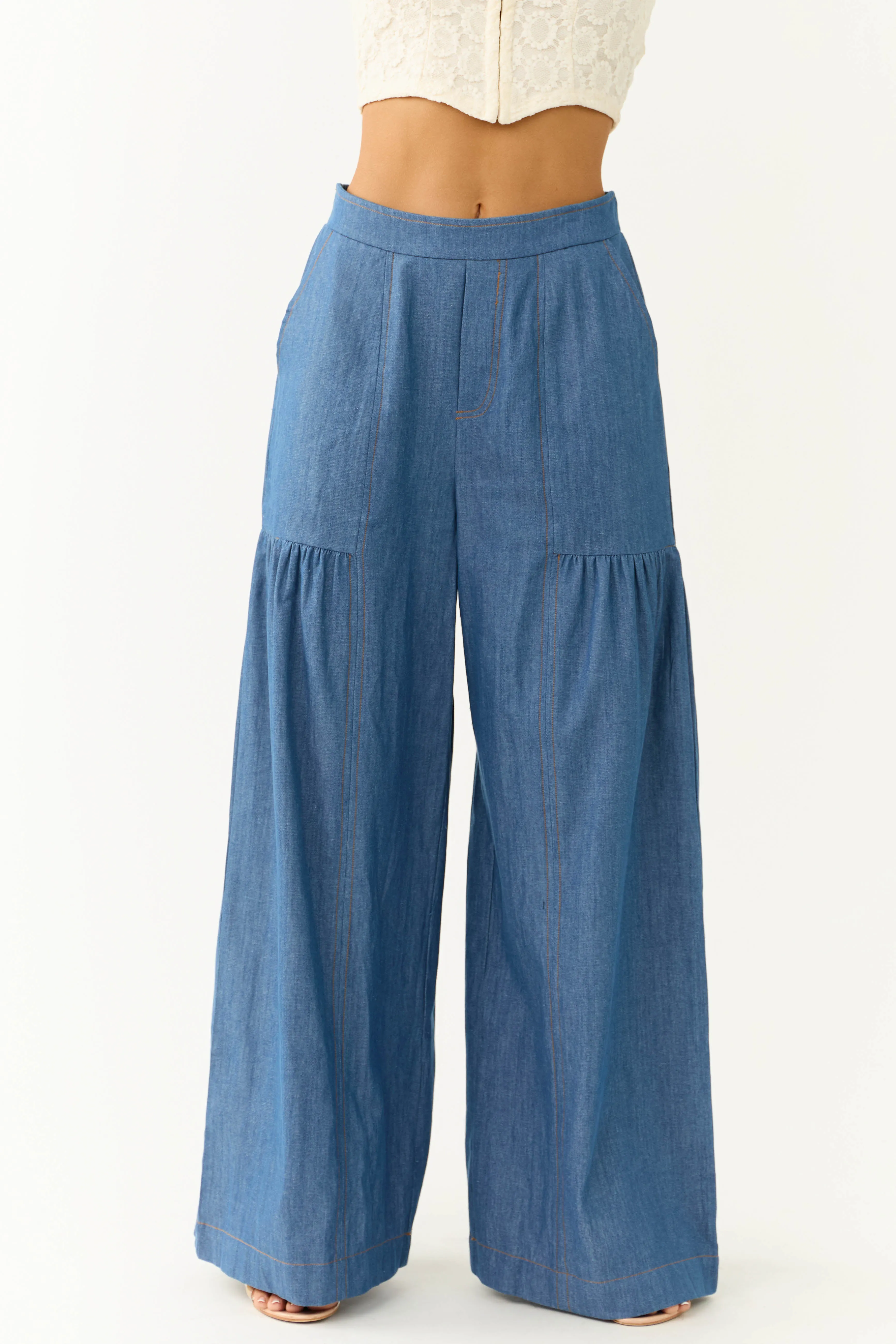 Medium Denim Smocked Waist Flare Palazzo Pants sold by Lime Lush product image thumbnail 2