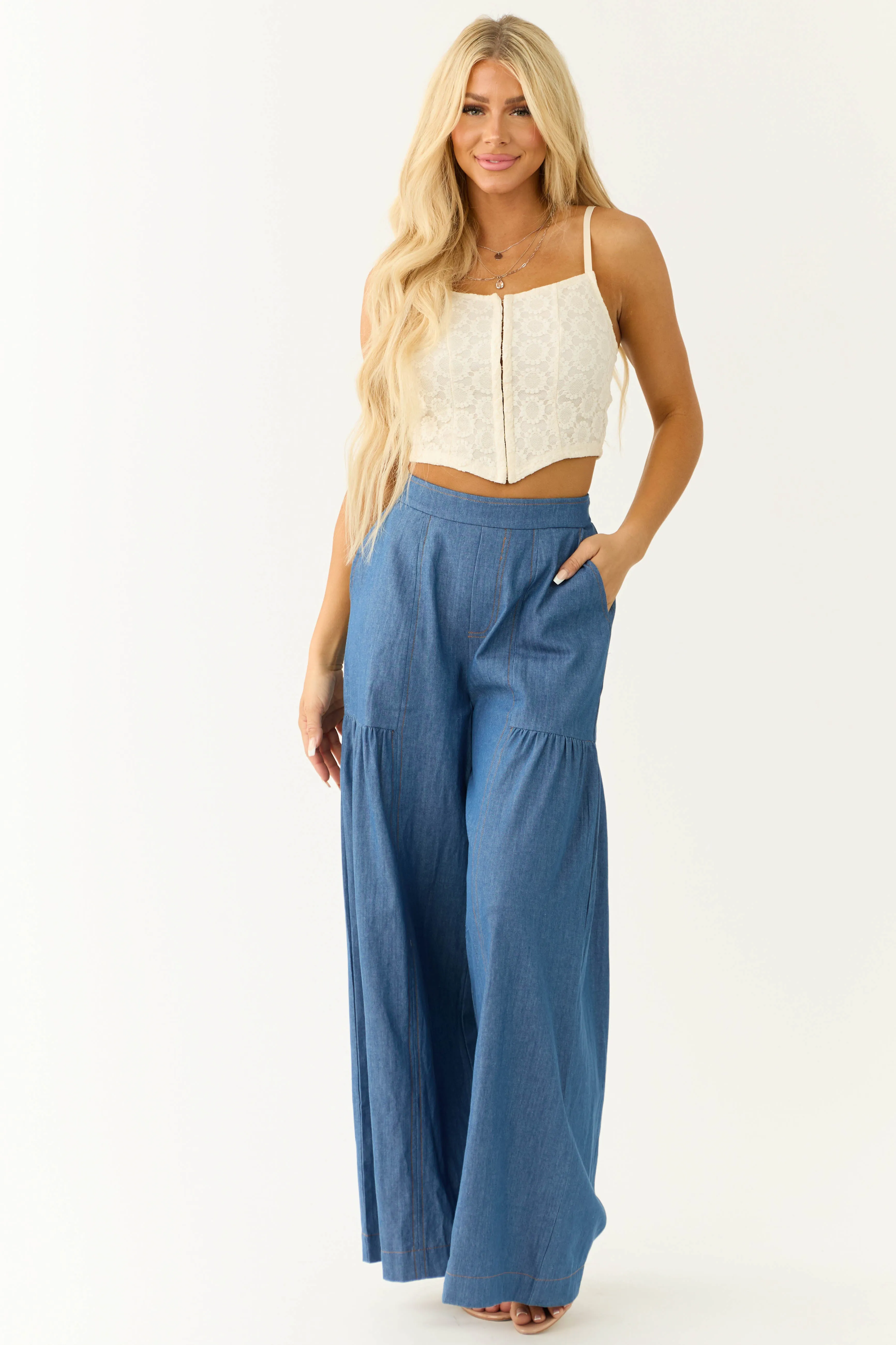 Medium Denim Smocked Waist Flare Palazzo Pants sold by Lime Lush product image thumbnail 5