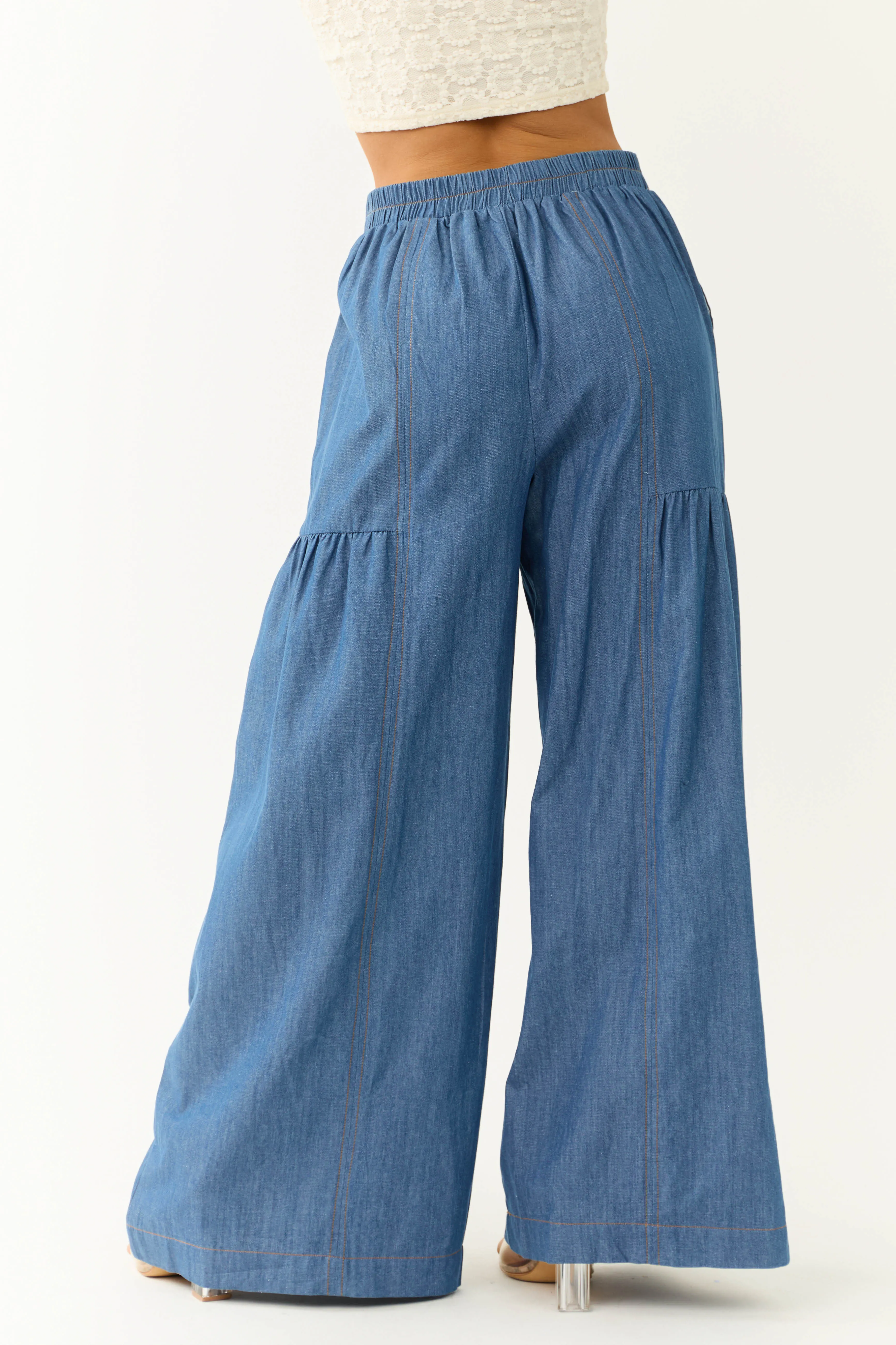 Medium Denim Smocked Waist Flare Palazzo Pants sold by Lime Lush product image thumbnail 4