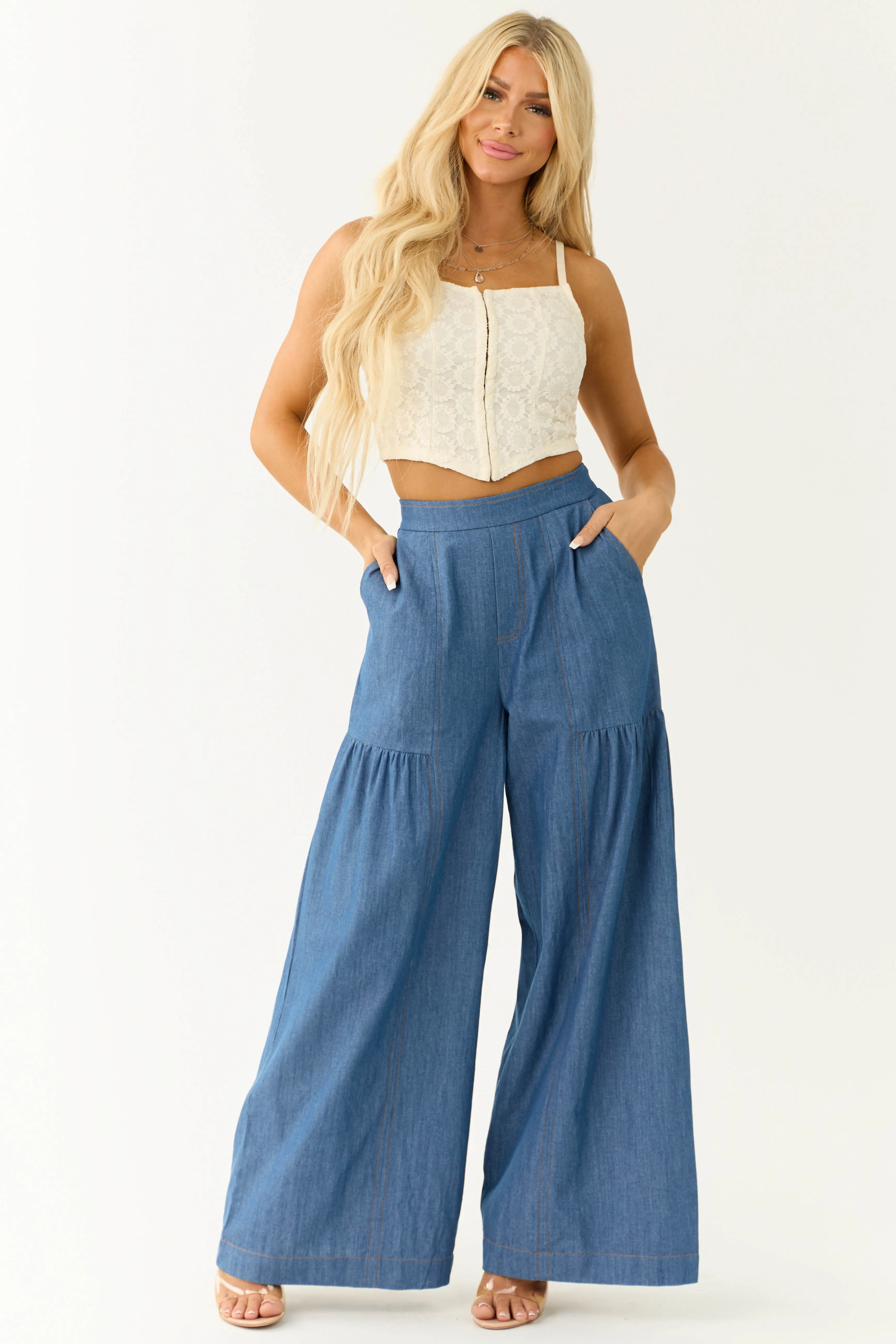 Medium Denim Smocked Waist Flare Palazzo Pants sold by Lime Lush