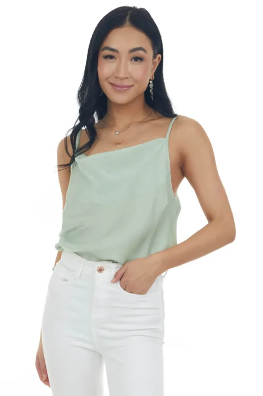 Sage Sheen Draped Neck Adjustable Strap Cami sold by Lime Lush