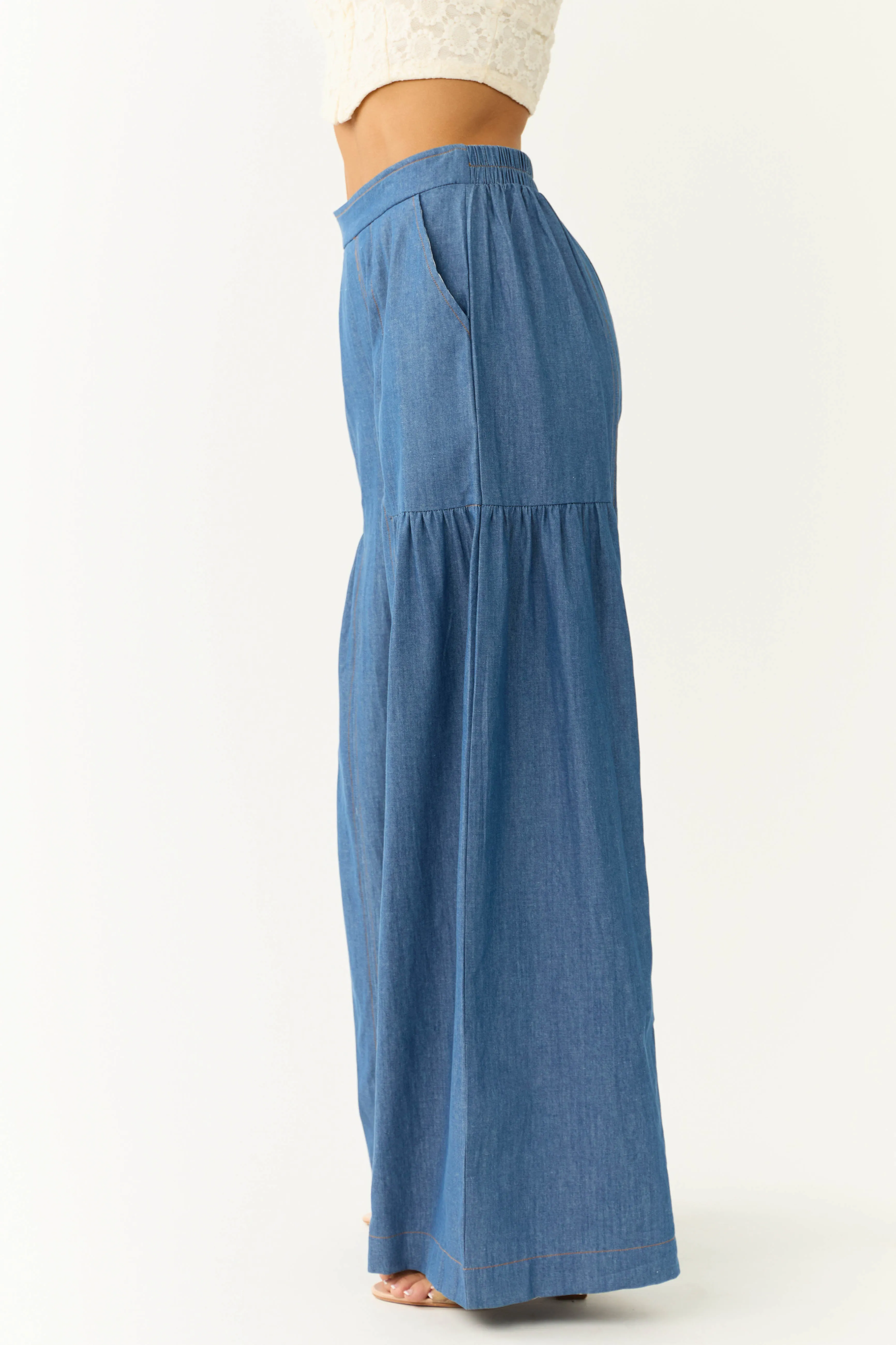 Medium Denim Smocked Waist Flare Palazzo Pants sold by Lime Lush product image thumbnail 3