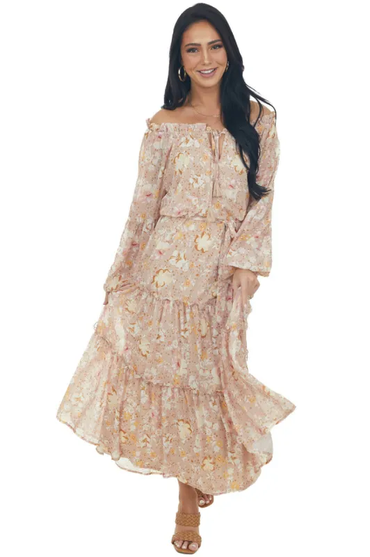 Flying Tomato Nude Floral Print Gold Speck Tiered Maxi Dress sold by Lime Lush