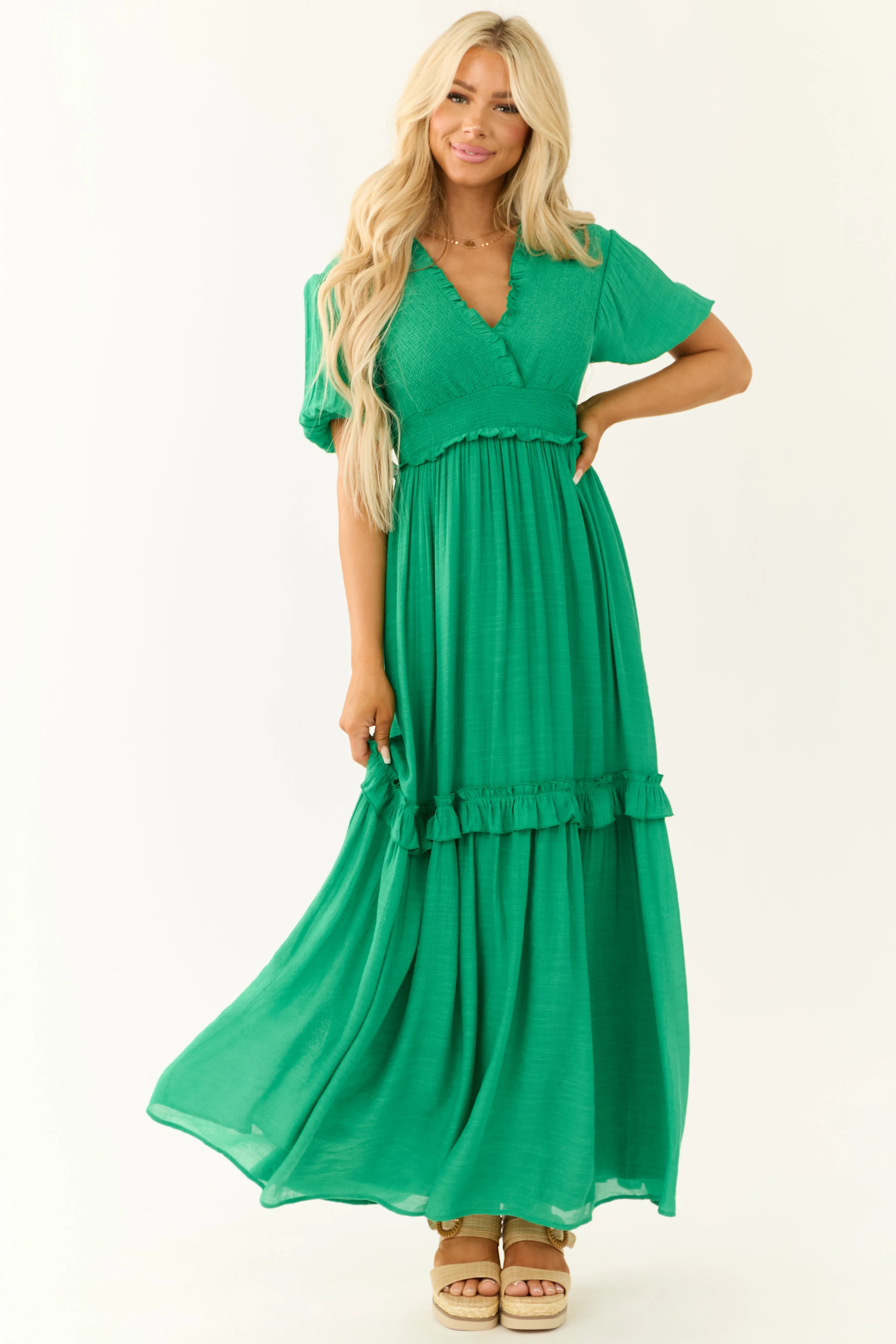 Jade Smocked Woven Maxi Dress sold by Lime Lush
